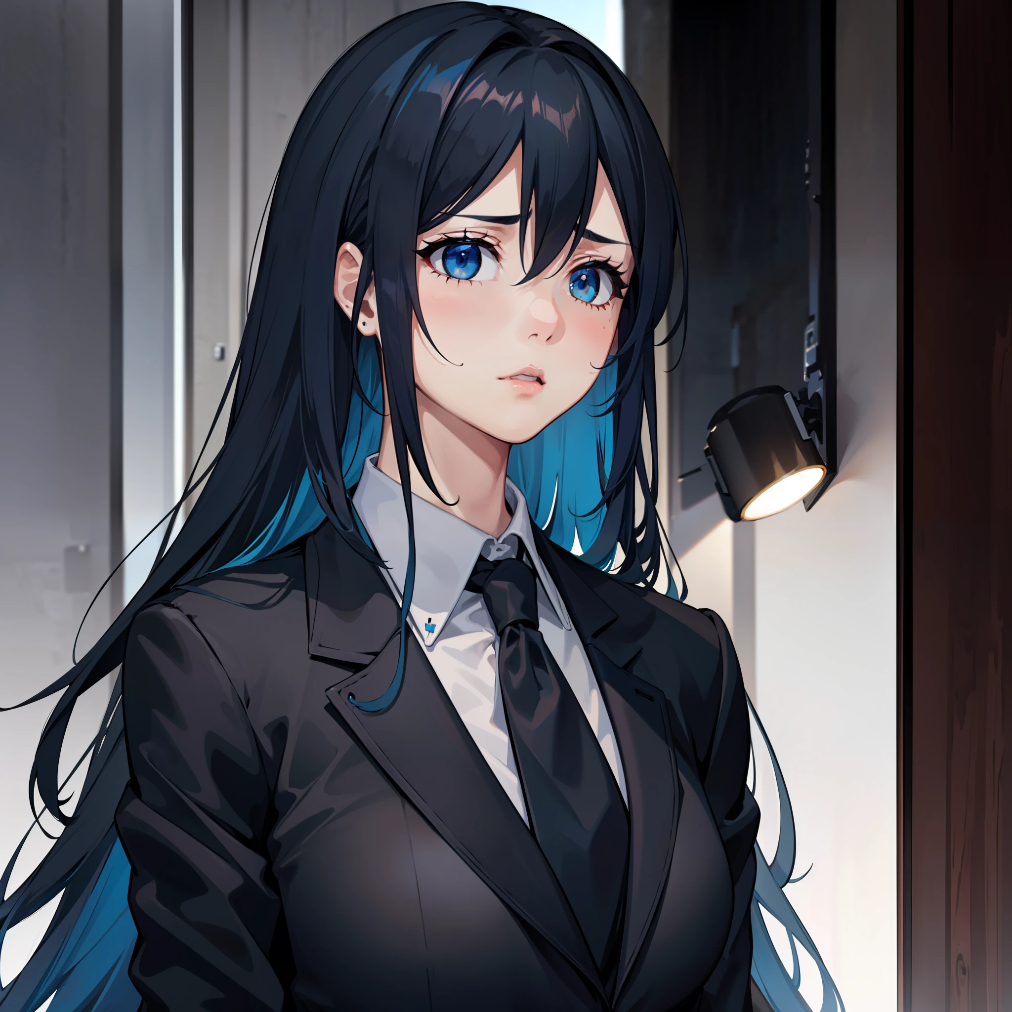 long straight black blue-faded hair girl wearing a black suit with blue tie, blue eyes, sweating, hair bangs, rolling eyes, big breasts, disgusted emotion