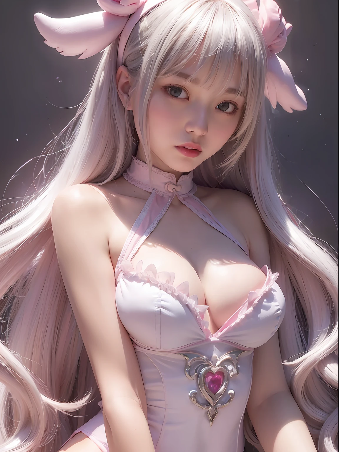 (dynamicposes:1.4)、 (dynamic ungle:1.4)、hyper detailed background、(Near Future City:1.2)、((top-quality、8K、masterpiece:1.3))、1girl in、(japanes:1.2)、A smile、full body Esbian、Slim Faces、Pretty women、(Silvery hair:1.1)、hyperdetailed face、A detailed eye、二重まぶた、blured background、Slim Faces、Cute、extremely delicate and beautiful、A mischievous grinning face、Overall、ultra-detailliert、4K、masutepiece、small mouth、((Colossal tits))、(blanche、pink there、magicalgirl、Leotard、frilld、highleg、Strapless、Strapless Bras:1.4)、hime-cut、Small smiling mouth、a small face、low angles、(pantyshot:1.1)、