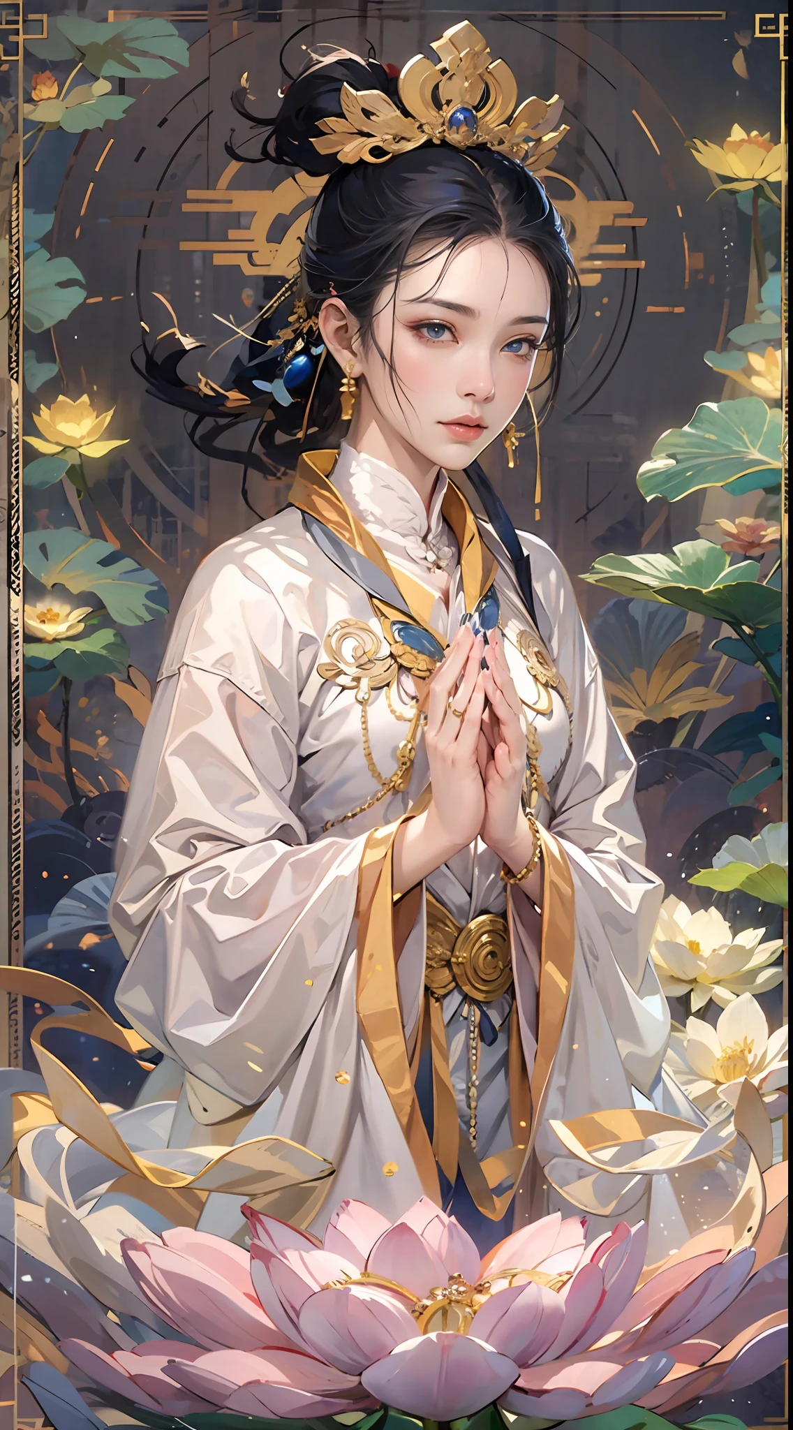 （Chinese immortals）, （Buddhism）, Multip_Hands，（mythological stories）, （bodhisattva）, She sits on a lotus, （Six arms stretched out from her body, Each hand holds a different Buddhist vessel, left right symmetry），（Delicate and beautiful face）, （White silk robe）sitting on a lotus flower, Frontal photo，Light smile, neo-classical, OP Art, Chiaroscuro, Cinematic lighting, god light, Ray tracing, character sheets, projected inset, first person perspective, hyper HD, Masterpiece, ccurate, Textured skin, Super detail, High details, High quality, Award-Awarded, Best quality, A high resolution, 8K，Ultra-high sharpness，Clear face