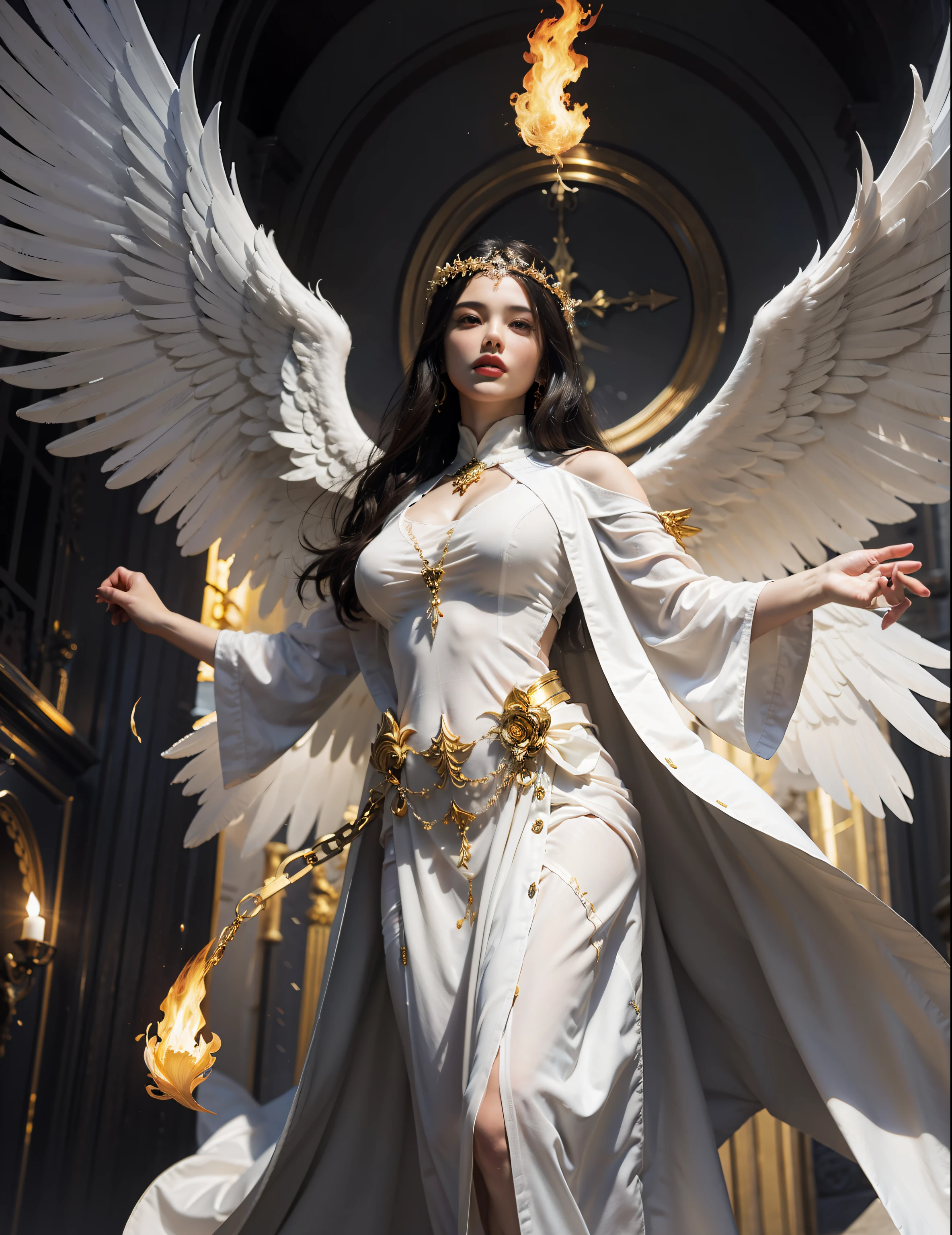 Divine and beautiful angels， Huge white wings retracted，Loose white robe，Golden flames surround the body，ultraclear，Clear details，Master's paintings