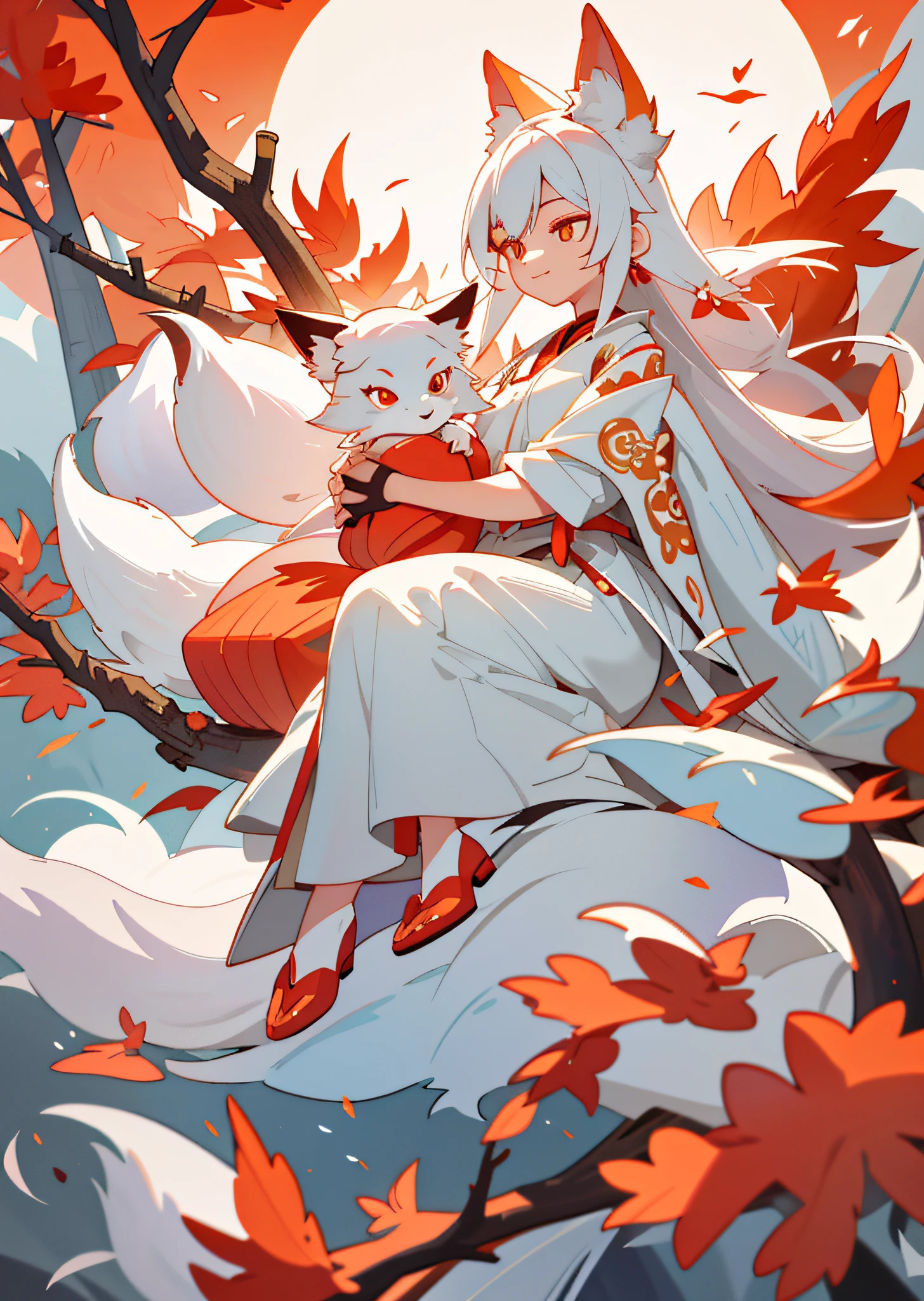 The background is a super large moon,Under the stars, a fox with white hair sitting on a branch,(bit girl:1.5),Red clothes,ethereal fox,nine tail fox,Dreamy,Millennium fox demon,Onmyoji detailed art,Nine Tails,a beautiful artwork illustration,mythological creatures,red fox,Beautiful digital artwork,