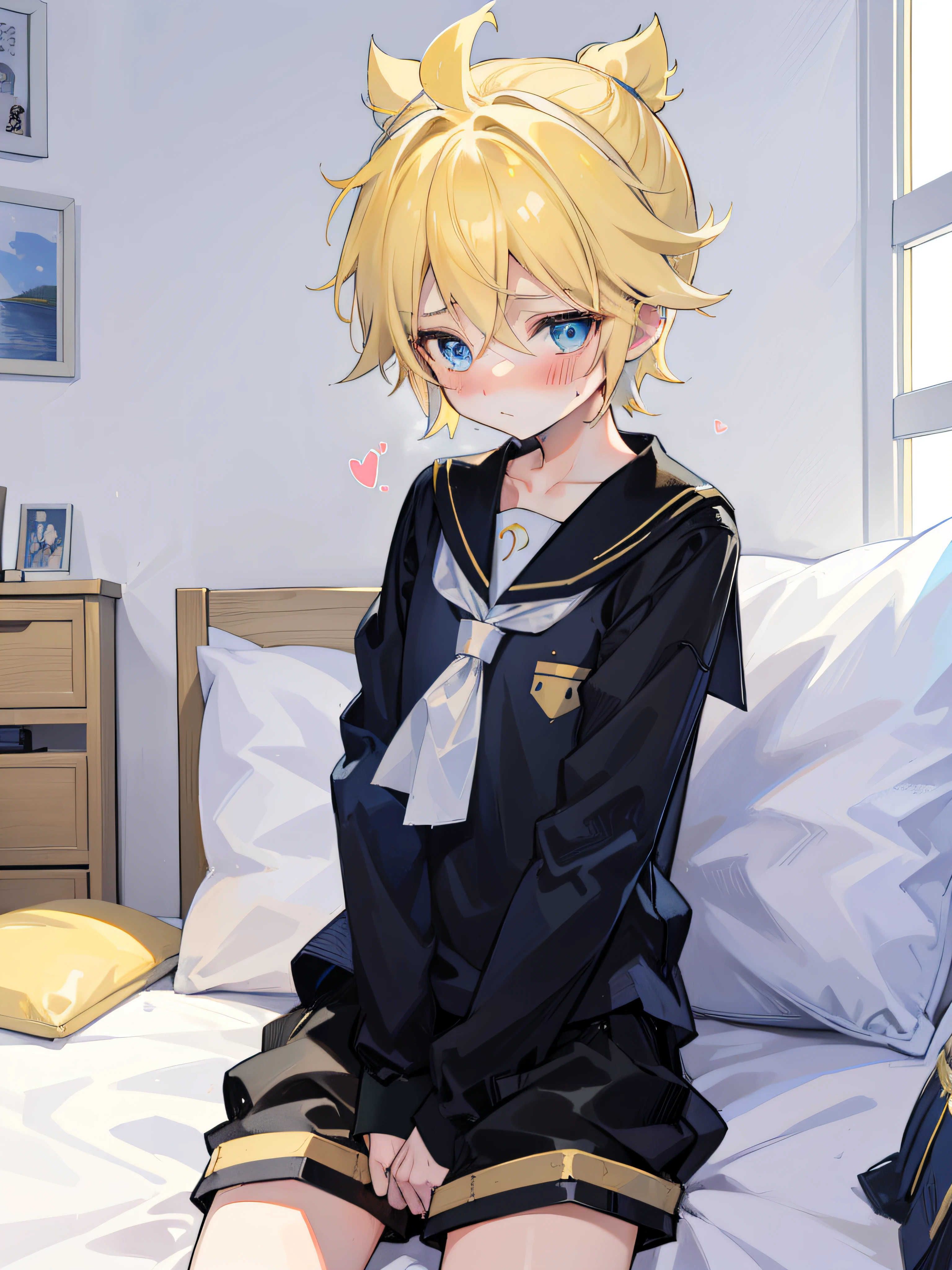 best quality, ultra precision, one boy, (boy is Len_Kagamine), blue eyes, blond hair, young, cute, blush, teenager, boy is cowlick, men's sailor uniform, cool, shy, on bed, black short pants, character focus, he loves you, cowboy shot, masturbation, orgasm, sexual pleasure,  penis