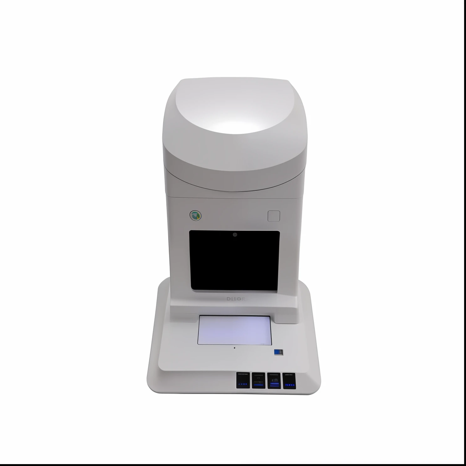 There is a white electronic device,There is a black screen on it, Drum scanner, full - length view. white plastic, product introduction photos, high light, Product photo, Full front view, Full image, high quality scan, high quality product photo, Full view, professional high quality scan, holographic case display, Official product image, detailed wide shot, monitor,Put a dollar bill