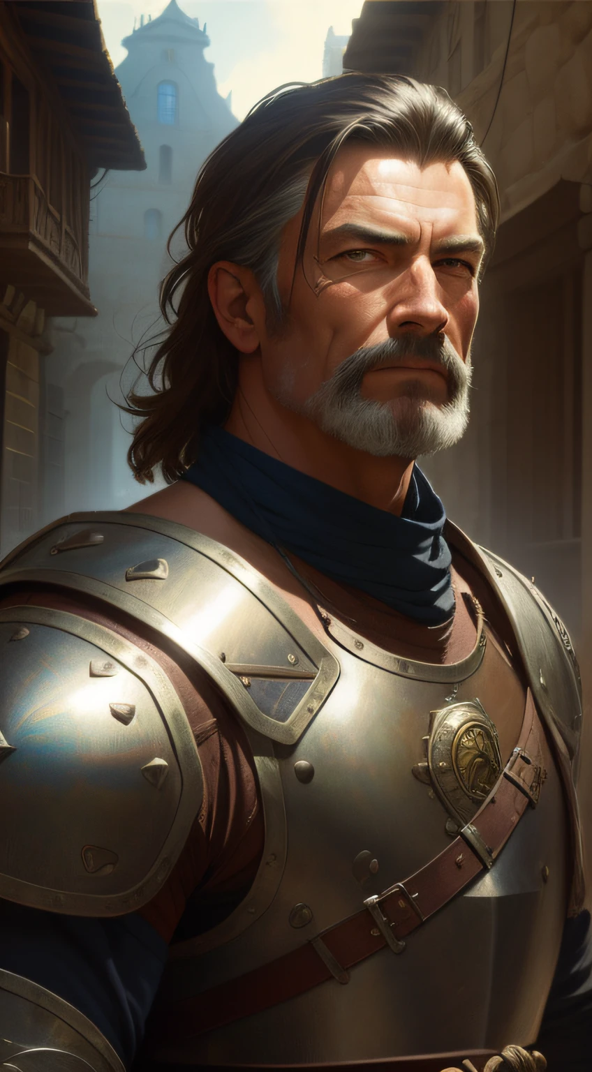portrait of a muscular rugged warrior in a bright medieval street, ((old worn leather armor)), ((backlighting)), realistic, masterpiece, highest quality, puddle, lens flare, shade, (bloom), (chromatic aberration), by Jeremy Lipking, by Antonio J. Manzanedo, by (Alphonse Mucha), digital painting