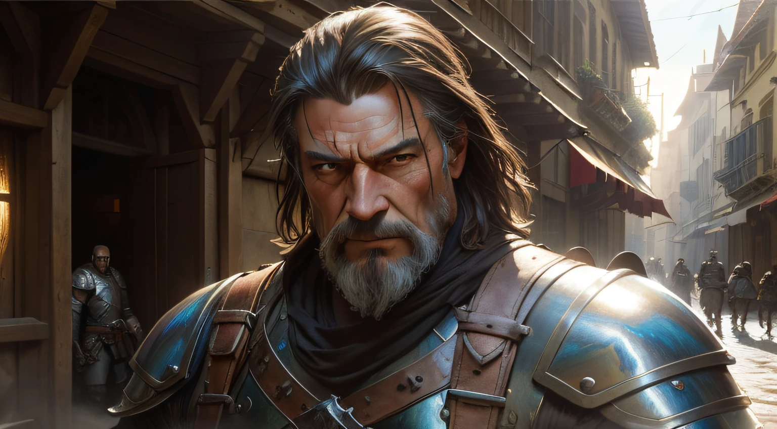 portrait of a muscular rugged warrior in a bright medieval street, ((old worn leather armor)), ((backlighting)), realistic, masterpiece, highest quality, puddle, lens flare, shade, (bloom), (chromatic aberration), by Jeremy Lipking, by Antonio J. Manzanedo, by (Alphonse Mucha), digital painting