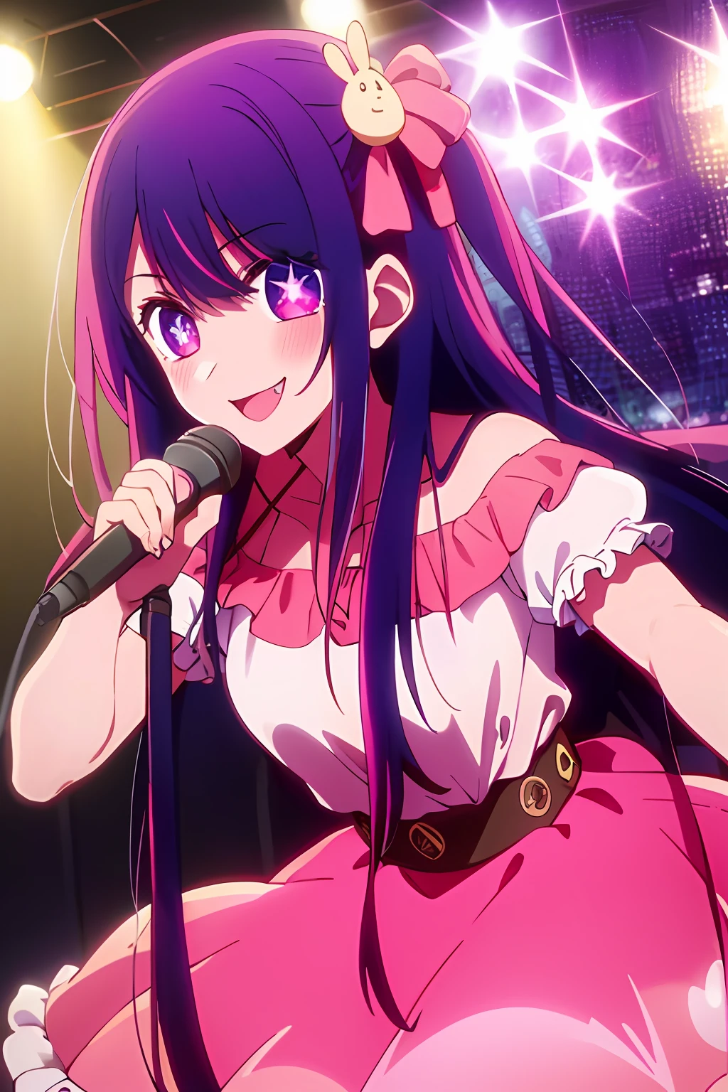 masterpiece、ighly detailed、(1 girl in:1.2)、purple color hair、pink dress、big eye、a closeup、A smile、8K、Ai Hoshino、Live performance venue、