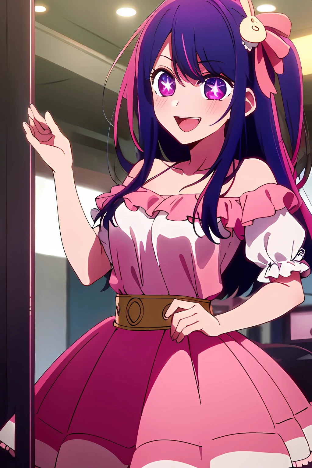 masterpiece、ighly detailed、(1 girl in:1.2)、purple color hair、pink dress、big eye、a closeup、A smile、8K、Ai Hoshino、Live performance venue、