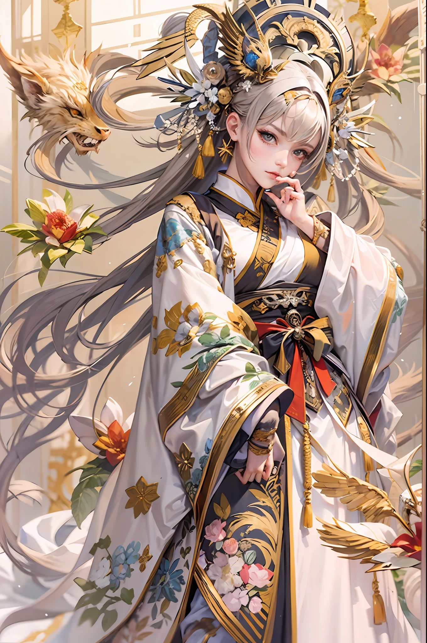 The head is wrapped in a flower handkerchief,Wearing a Najin cloud robe。Double bundles of tiger tendons around the waist,The slightly embroidered skirt is embroidered。Phoenix bow shoes three inches,Dragon beard knee pants gold pin。The sword in hand was angry,Fierce than Yue Po's appearance。(Natural skin texture,ultra-realistic realism,the soft light,Sharp),masterpiece, best quality, ultra-detailed, best shadow
