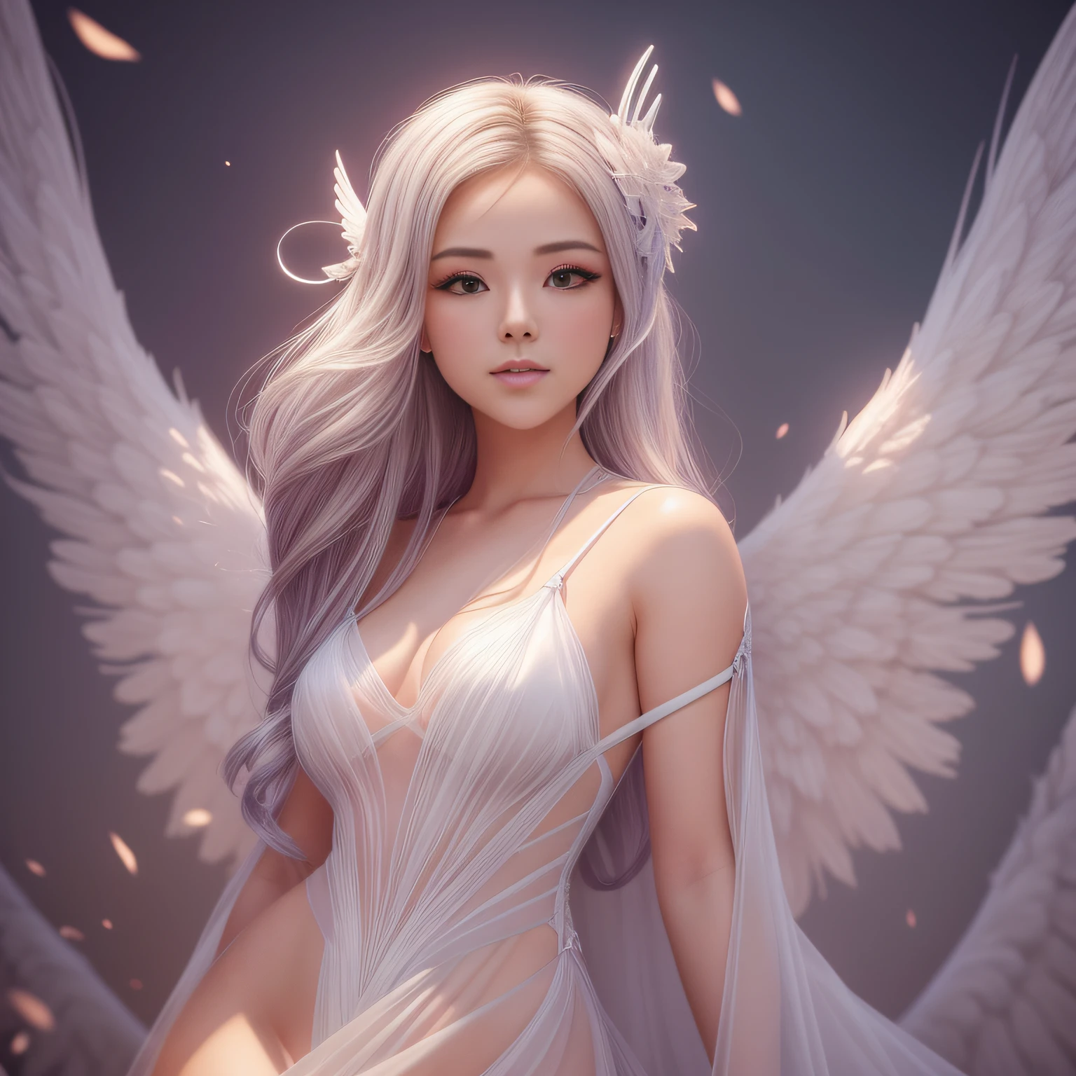 uma mulher com cabelos brancos e asas de anjo em um vestido branco, Ross Tran 8 K, inspirado em Ross Tran, Arte do WLOP, menina bonita do anjo do ciborgue, tall female angel, Rossdraw 1. 0, Wlop Ross, Anjo majestoso de corpo inteiro, Estilo Ross Tran, rossdraws global illumination, RossDraw pintura digital, Rossdraw 2. 0