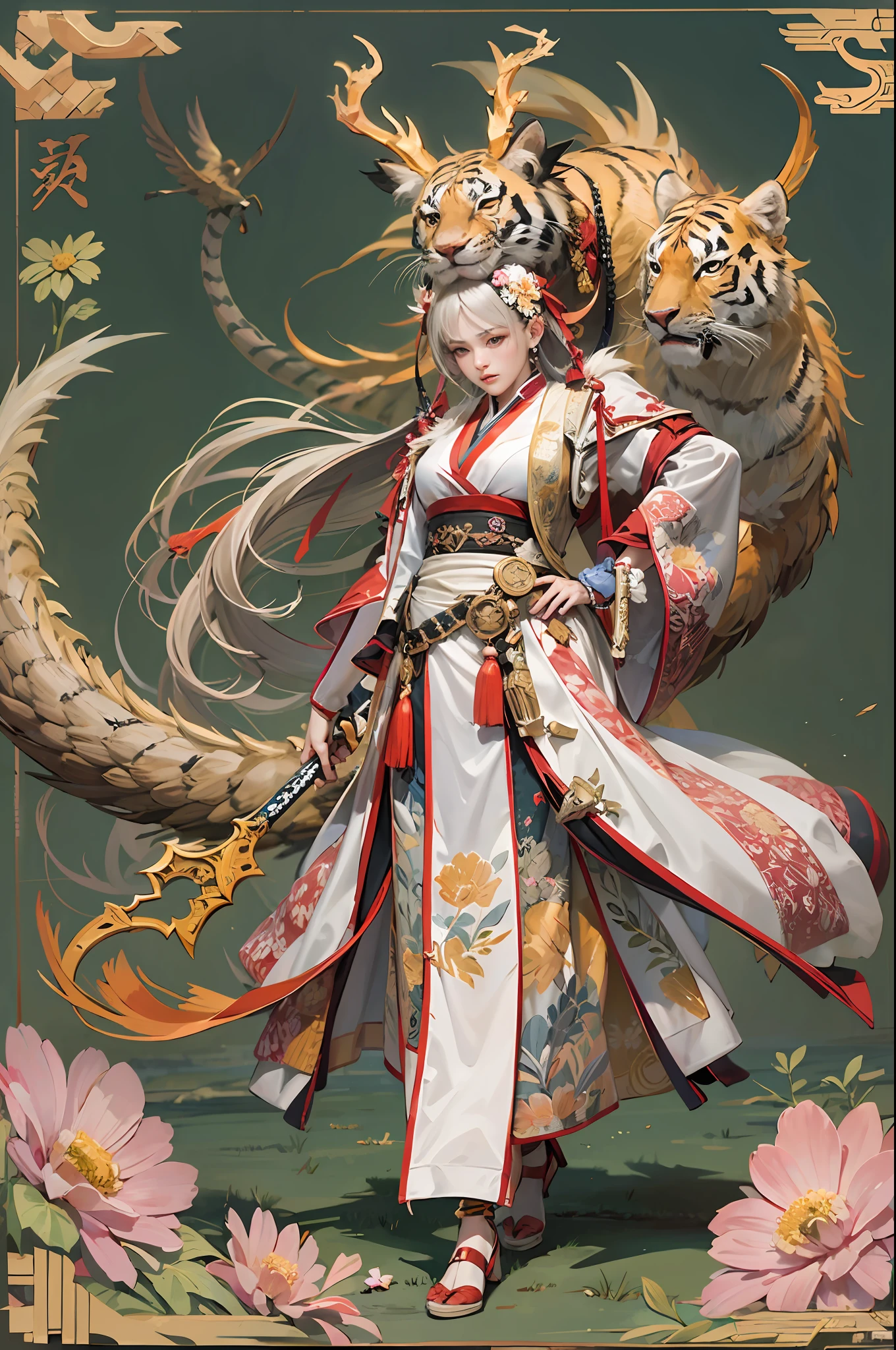 The head is wrapped in a flower handkerchief,Wearing a Najin cloud robe。Double bundles of tiger tendons around the waist,The slightly embroidered skirt is embroidered。Phoenix bow shoes three inches,Dragon beard knee pants gold pin。The sword in hand was angry,Fierce than Yue Po's appearance。(Natural skin texture,ultra-realistic realism,the soft light,Sharp),masterpiece, best quality, ultra-detailed, best shadow