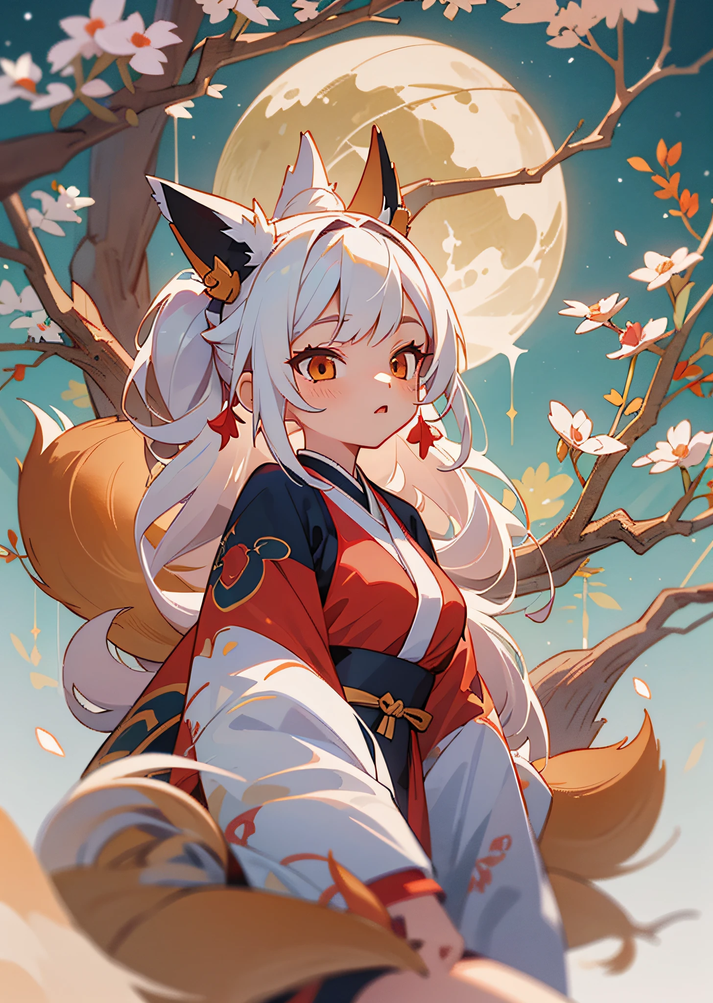The background is a super large moon，Under the stars, a fox with white hair sitting on a branch，（bit girl：1.5），Red clothes，ethereal fox，nine tail fox，Dreamy，Millennium fox demon，Onmyoji detailed art，Nine Tails，a beautiful artwork illustration，mythological creatures，red fox，Beautiful digital artwork，