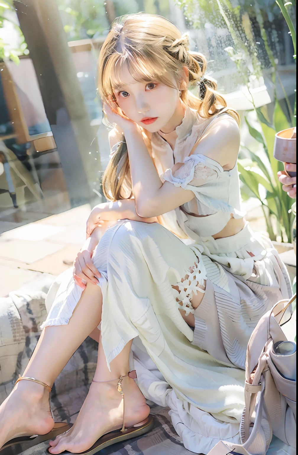 Need,tmasterpiece,Highest image quality,whaite hair,Golden eyes,White dress,Look up,Hairline,Fair skin,SideBraid,White and tender arms,Beautiful legs,Sit Pose,Slightly transparent skirt,photorealestic
