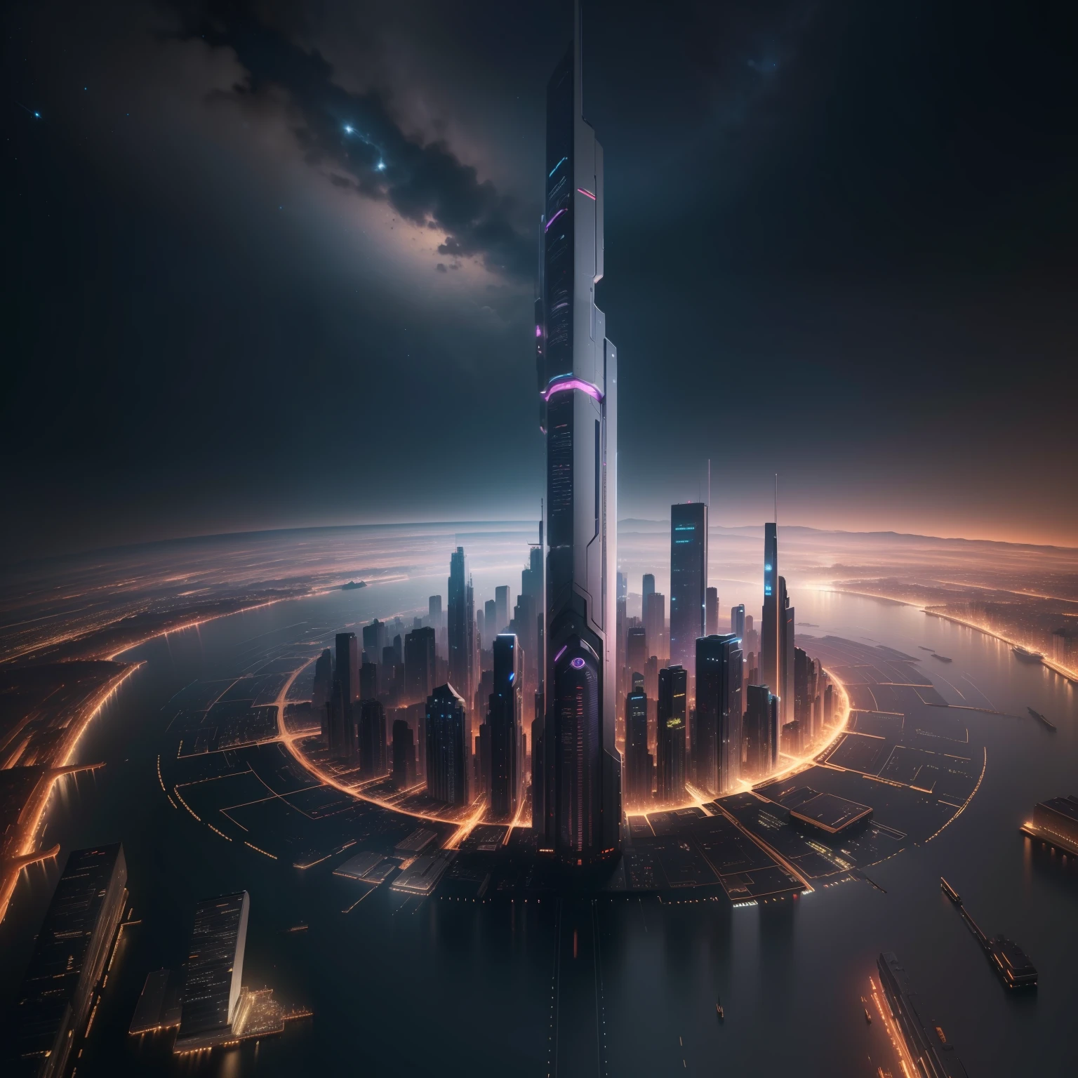 (((8k, RAW Photo, Best Quality, Masterpiece: 1.4))), Ultra High Resolution, Ultra Detailed, Illustration, Close Up, Environment Only, Futuristic City, Technological, Night, Starry Sky, Future, Imagination, Outdoors