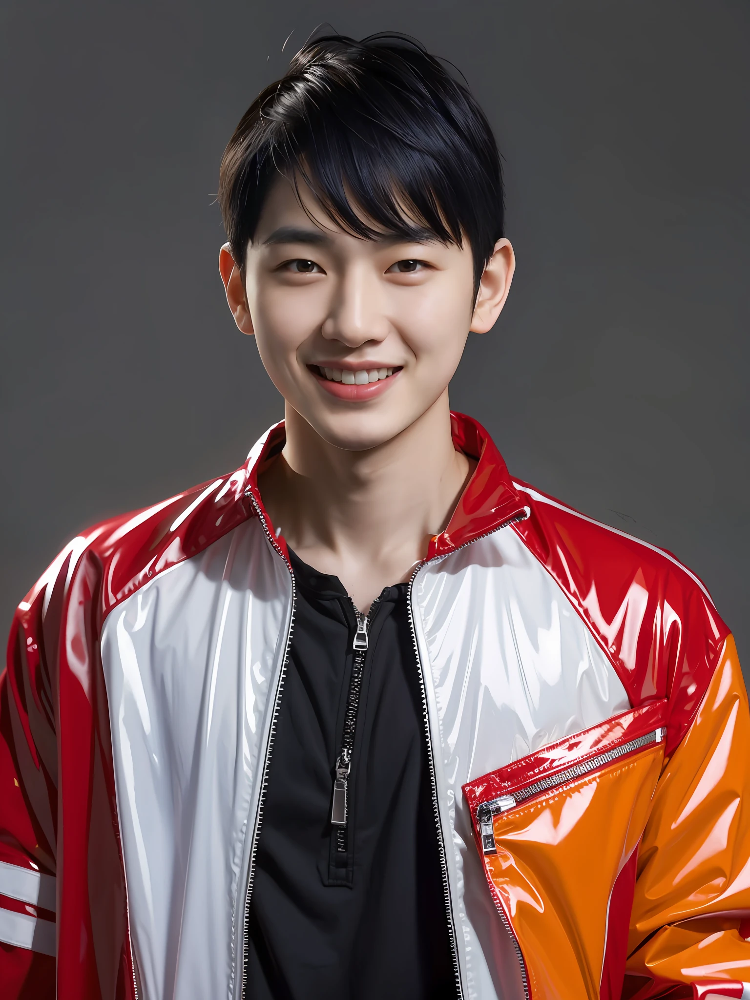 Chinese male high school student,Wearing a PVC red T-shirt,There are zippers