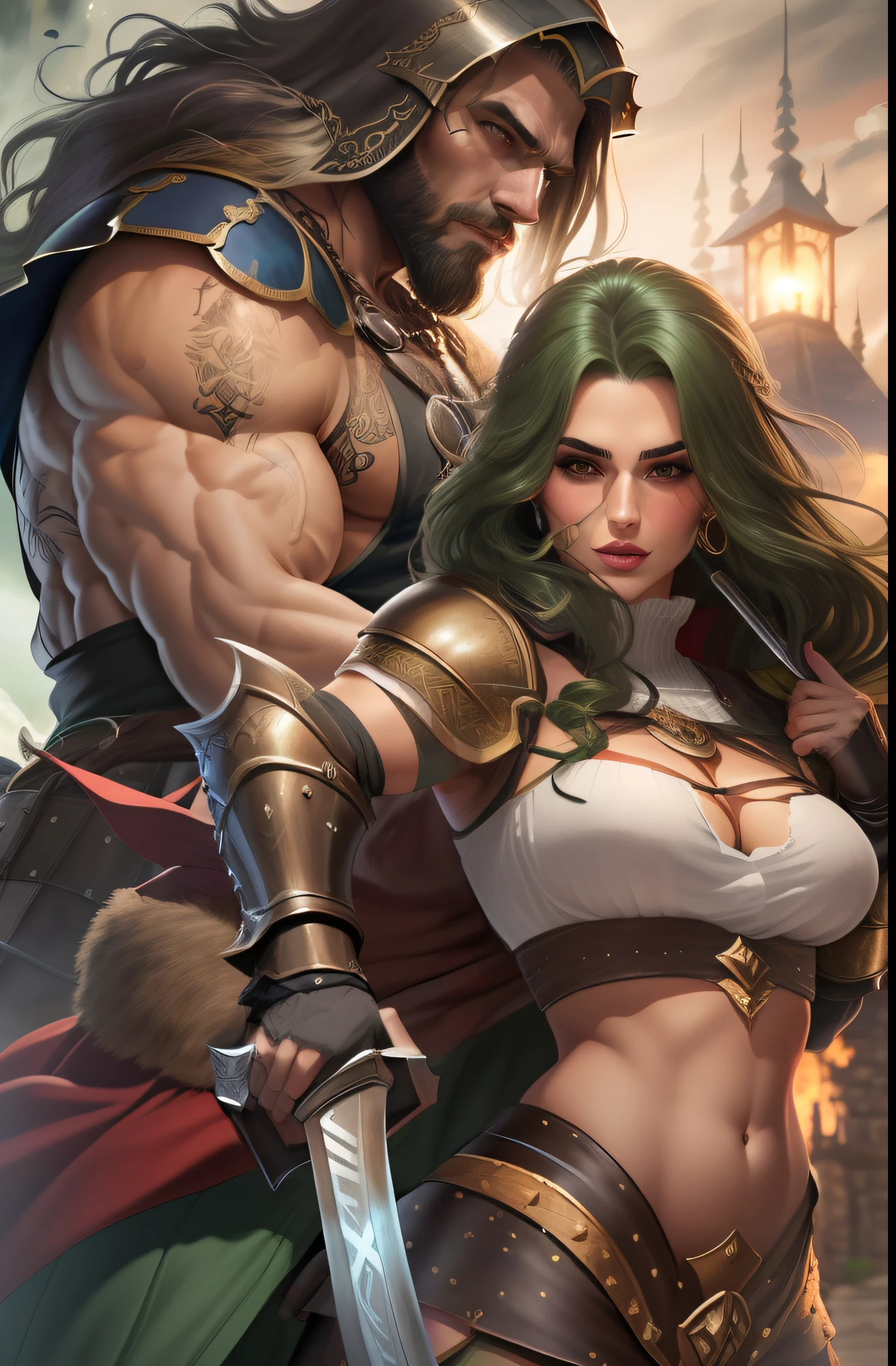 Homem e uma mulher se beijando, homem de cabelo loiro e longo, olhos azuis, peitoral gigante, corpo forte, Corpo com muita veia, armadura de viking, espada gigantesca, Mulher de cabelo curto e preto, olhos verdes, mid chest, sexy, curvas apontadas, Corpo sensual, roupa da pano, medieval setting, imagem HD, Imagem limpa, Imagem 4k, alta resolução, obra prima, manga art