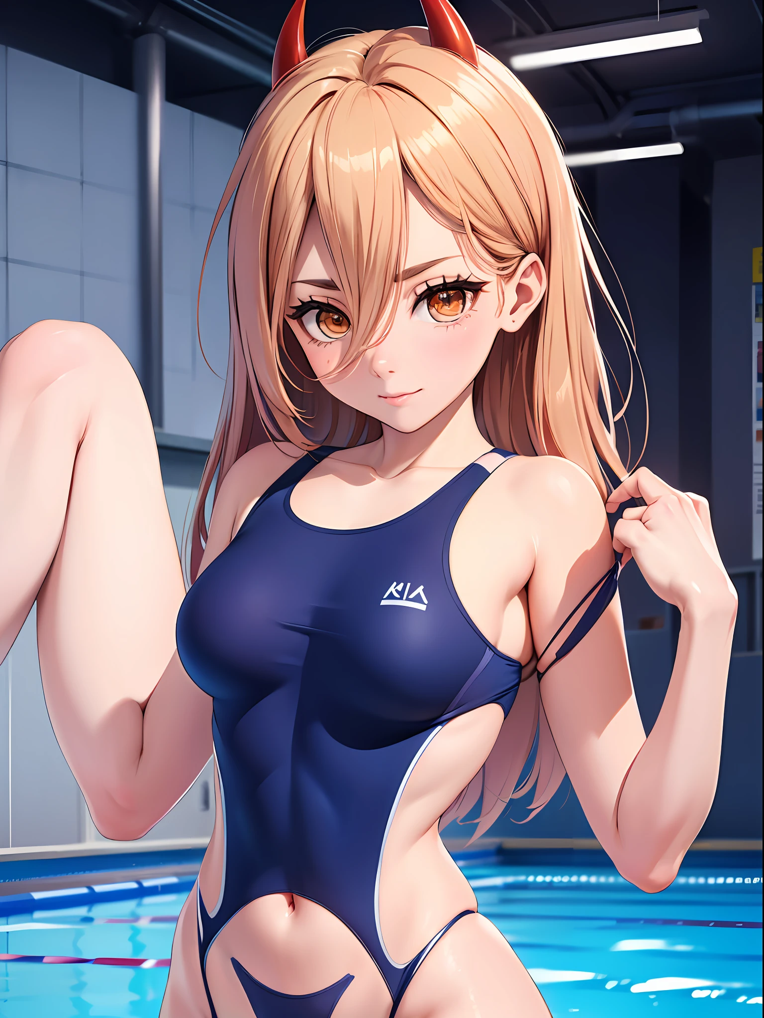 master part, best quality, (colorido), (olhos e rosto delicados), volumetric light, ray tracing, extremamente detalhado CG unidade 8k papel de parede, power \(Csm\), pequeno, medium breasts, symbol-shaped pupils, pupilas em forma de cruz, (one-piece swimsuit:1.1), sorriso, boca fechada, (Olhando para o Viewer:1.1), cowboy shot, de baixo, Visible_vulva, pulled Cuecão, puxado para o lado, bichana a mostra, virilha inchada, piscina, water,