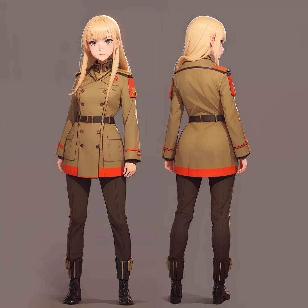 Russian cyberpunk blonde girl with brown soviet uniform brown shoes (Cyka Blyat), multiples poses and expressions, anime book illustration style, simples, Bonito Full Color, sapatos marrons, roupas marrons, cor plana, NO sketch.