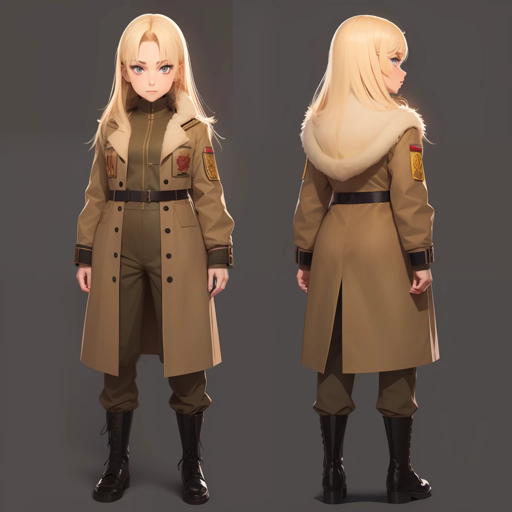 Russian cyberpunk blonde girl with brown soviet uniform brown shoes (Cyka Blyat), multiples poses and expressions, anime book illustration style, simples, Bonito Full Color, sapatos marrons, roupas marrons, cor plana, NO sketch.