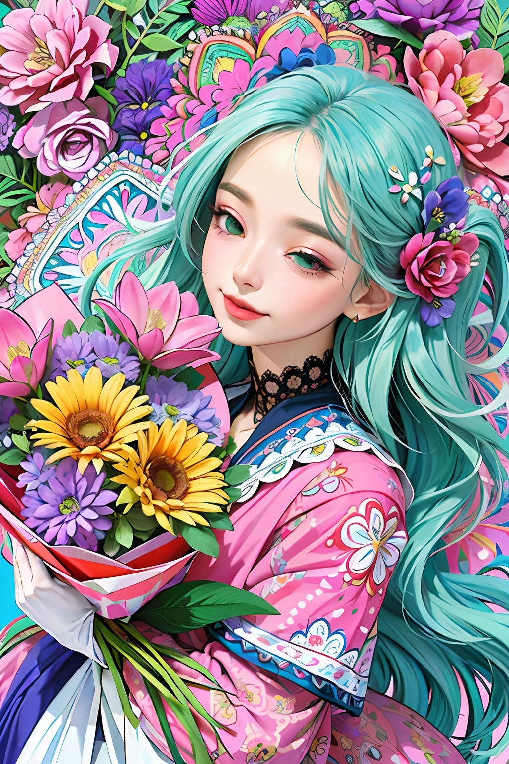 Uma bela mulher entre as flores (fundo ultra-detalhado, fundo detalhado), absurdos, highres, ultra-detalhado, extremamente detalhado, 1girl, (flower bouquet:1.3), (zentangle:1.2), (Geometrical:1.2),(colorido), mandala