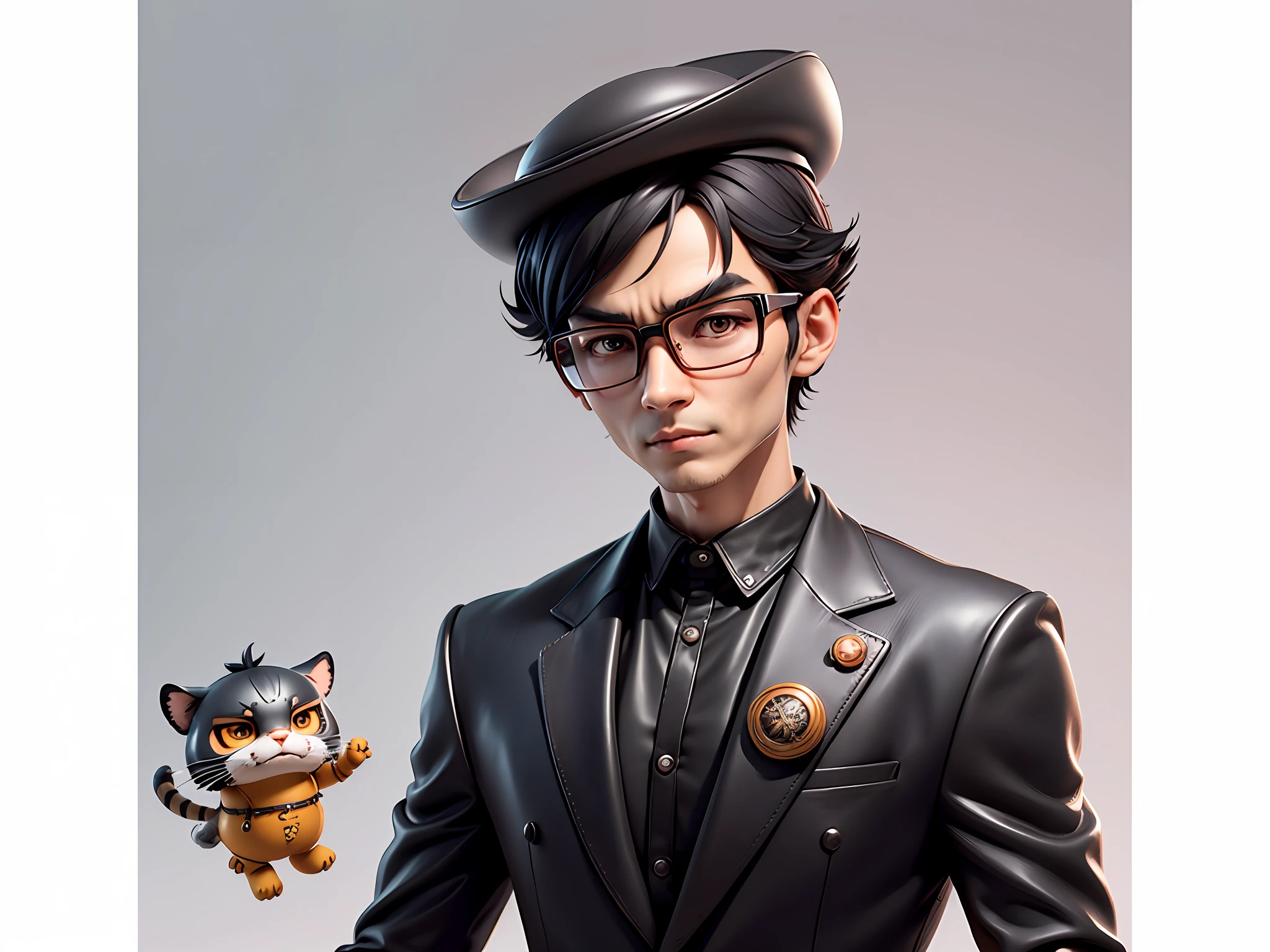 Young man with oriental face in leather hat, tiger, oriental face in formal suit, short black hair, silver glasses, digital painting, 3D character design by Mark Clairedon and Pixar and Hayao Miyazaki and Akira Toriyama, the illustration is a high-definition illustration in 4K resolution with very detailed facial features and cartoon-style visuals.