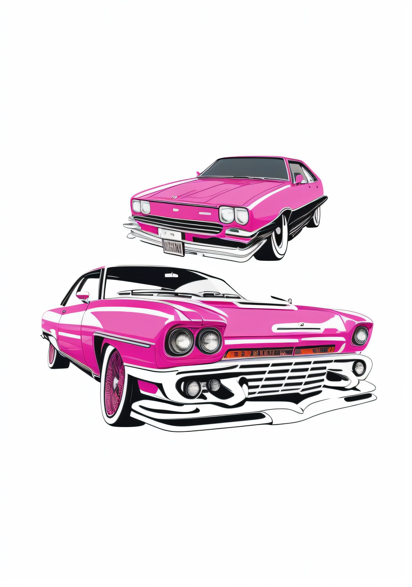 Two pink cars parked side by side on black background, Vintage illustration, outrun art style, Vintage car, Beyond style and color, lowriders, vector line - art style, The Car, vehicle illustration, high quality illustration, car design, lowrider style, detailed vectorart, hd illustration, After the 80s, Vintage car,Vintage illustration，Retro，Graphic illustration，planar