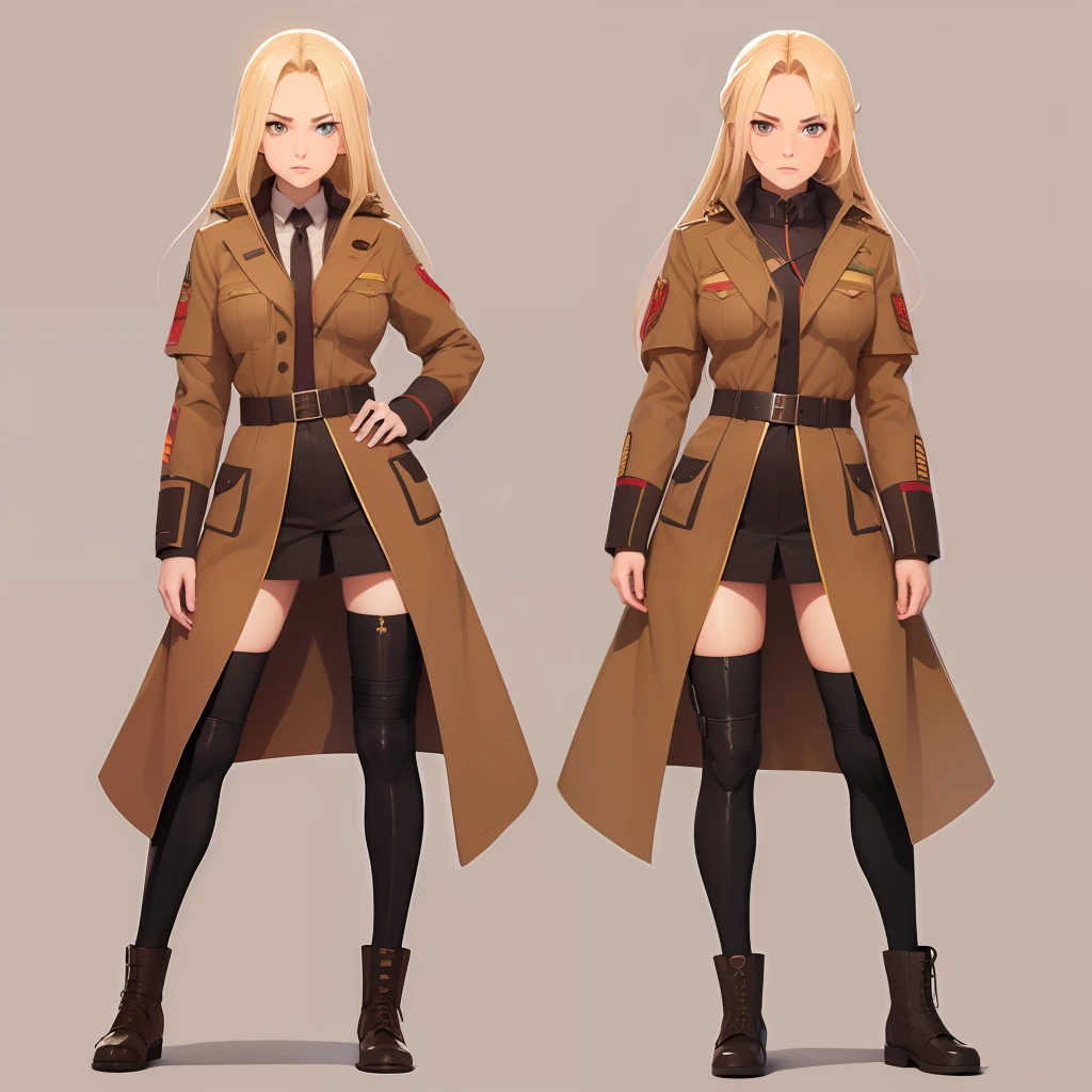 Russian cyberpunk blonde girl with brown soviet uniform brown shoes (Cyka Blyat), multiples poses and expressions, anime book illustration style, simples, Bonito Full Color, sapatos marrons, roupas marrons, cor plana, NO sketch.