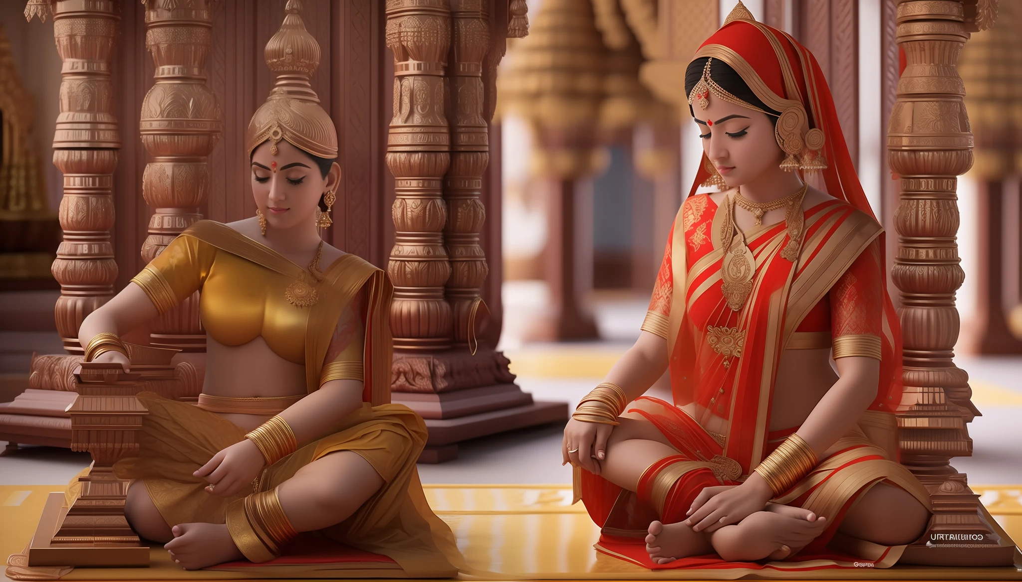 hermosa joven sacerdotisa tantrica, acostada en un camastro en una pose sexy), (usando un taparrabo sexy: 1 in a Hindu temple ultra realistic photo