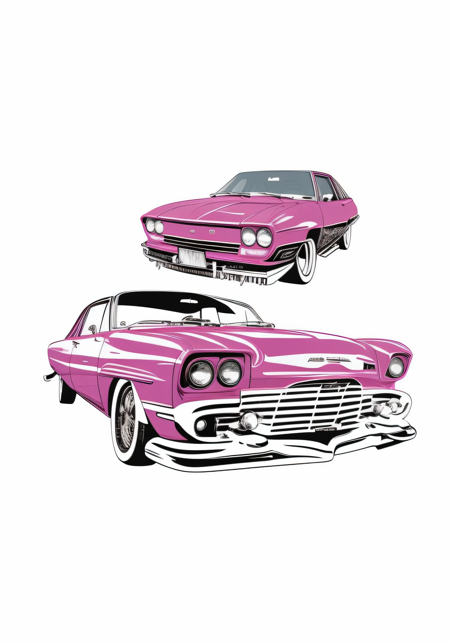 Two pink cars parked side by side on black background, Vintage illustration, outrun art style, Vintage car, Beyond style and color, lowriders, vector line - art style, The Car, vehicle illustration, high quality illustration, car design, lowrider style, detailed vectorart, hd illustration, After the 80s, Vintage car,Vintage illustration,Retro,Graphic illustration,planar