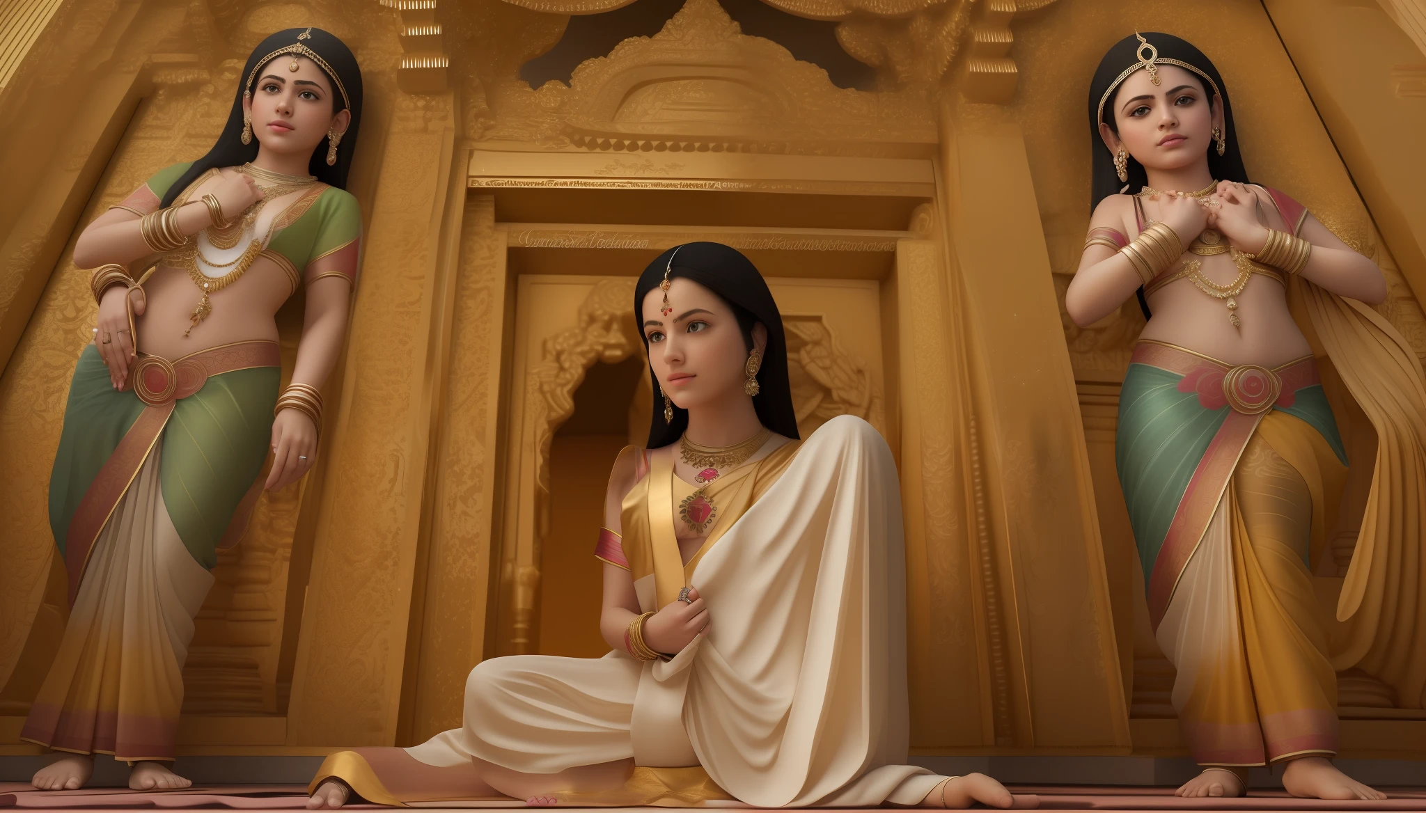 hermosa joven sacerdotisa tantrica, acostada en un camastro en una pose sexy), (usando un taparrabo sexy: 1 in a Hindu temple ultra realistic photo