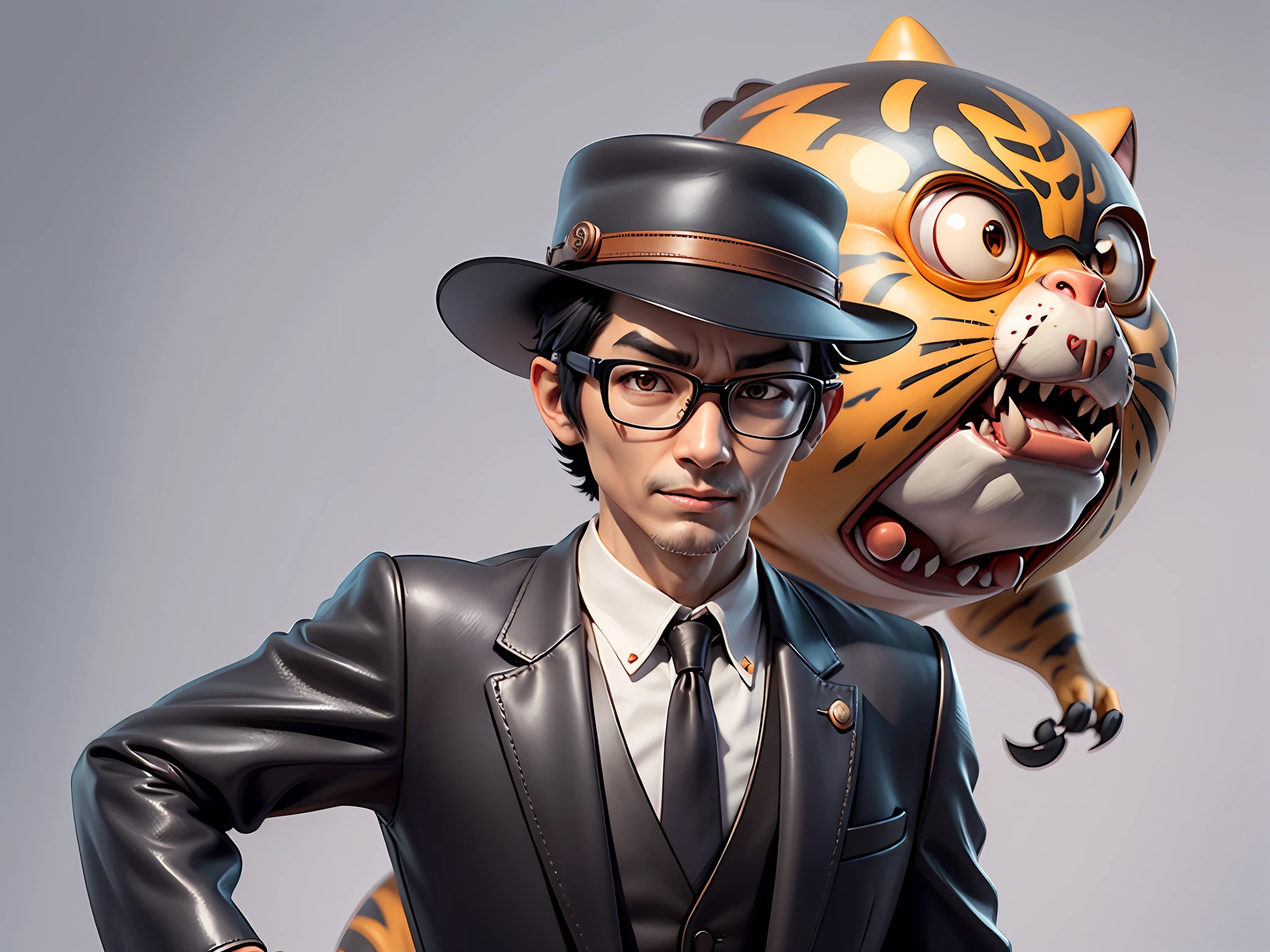 Young man with oriental face in leather hat, tiger, oriental face in formal suit, short black hair, silver glasses, digital painting, 3D character design by Mark Clairedon and Pixar and Hayao Miyazaki and Akira Toriyama, the illustration is a high-definition illustration in 4K resolution with very detailed facial features and cartoon-style visuals.