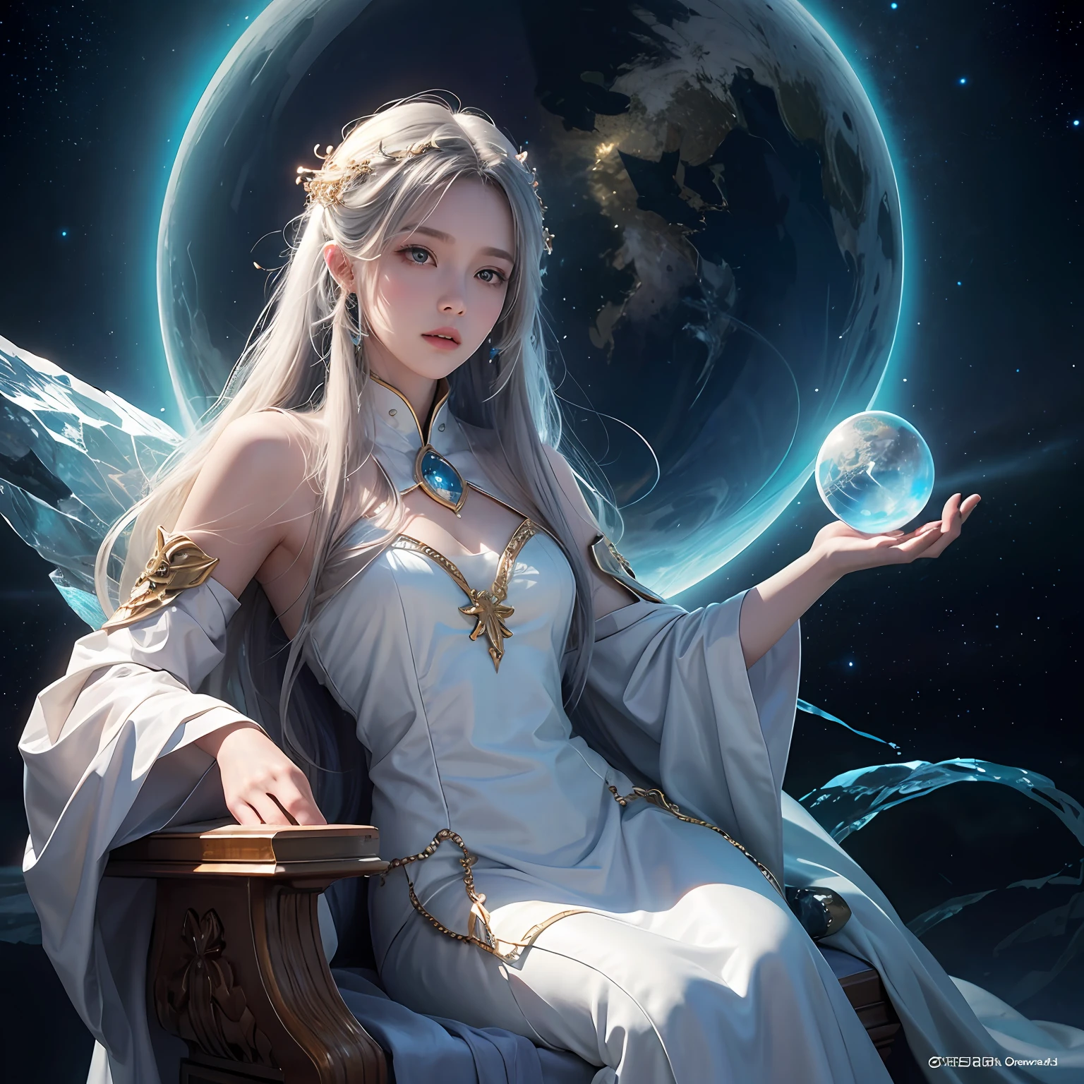 超高分辨率, best qualtiy, photore, 16k, tmasterpiece:1.3,(realisticlying: 1.2), cinmatic lighting, Woman in the shape of a mythical god。It depicts the god holding the sun and moon,((Dynamic background),radiating with light,Aura shrouded),(dynamicposes),Cast magic,Sit on a crystal throne),Float on a crystal throne in a bright white cloak,Ultimate face,(afloat:1.3),cosmic starry sky,stunning detailed, 64k resolution,for an immersive and realistic visual experience。Let your work capture the essence of myth and wonder,leaving viewers in awe of its beauty and power。