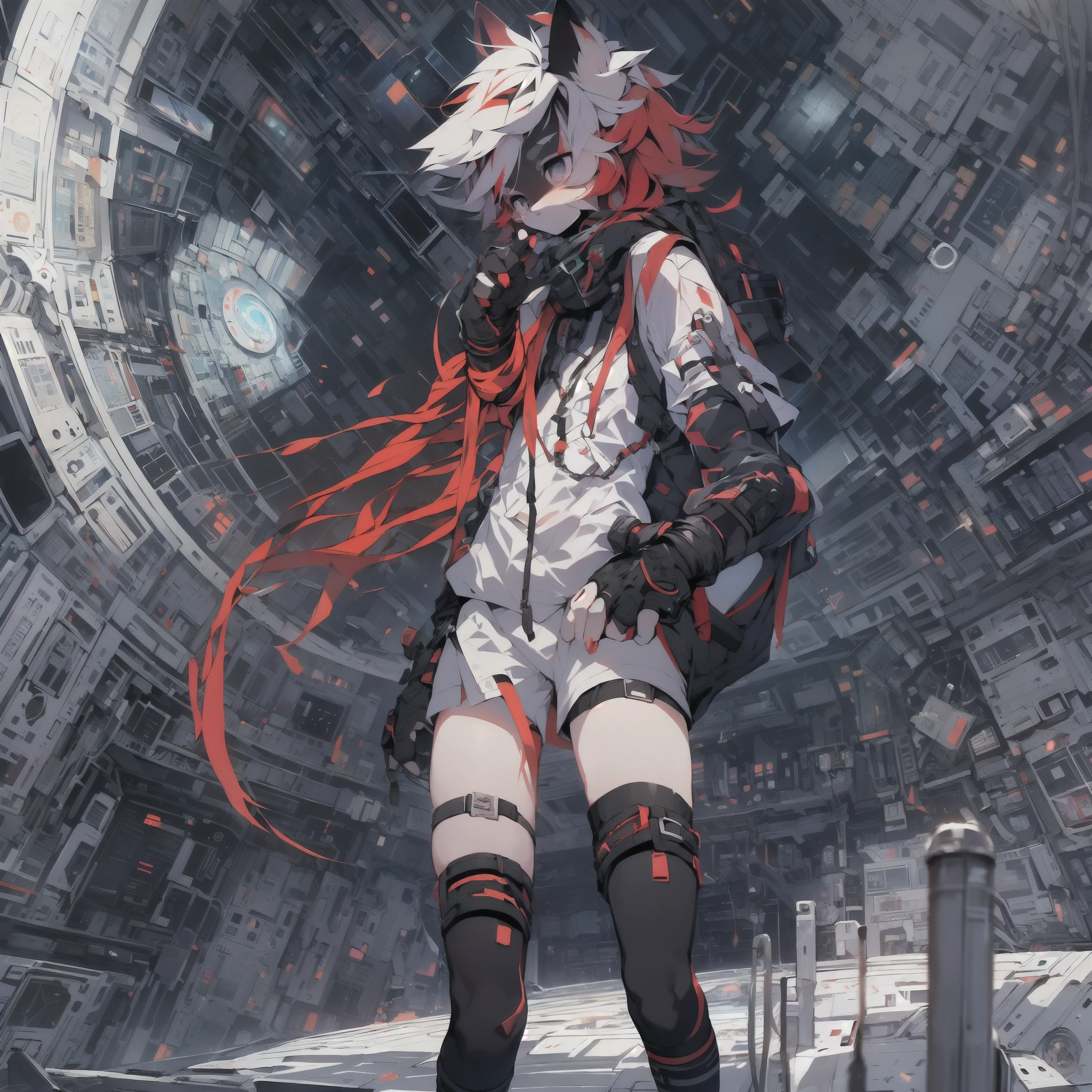 "There is a wolf on the space station，(Red and white hair)，(((Shota)))，Black  shorts，((((black over-the-knee socks))))，((Extreme light and shadow))，light particules，Reflective skin，(Smooth skin)，((Soft skin))，(((Black fingerless long gloves)))。"