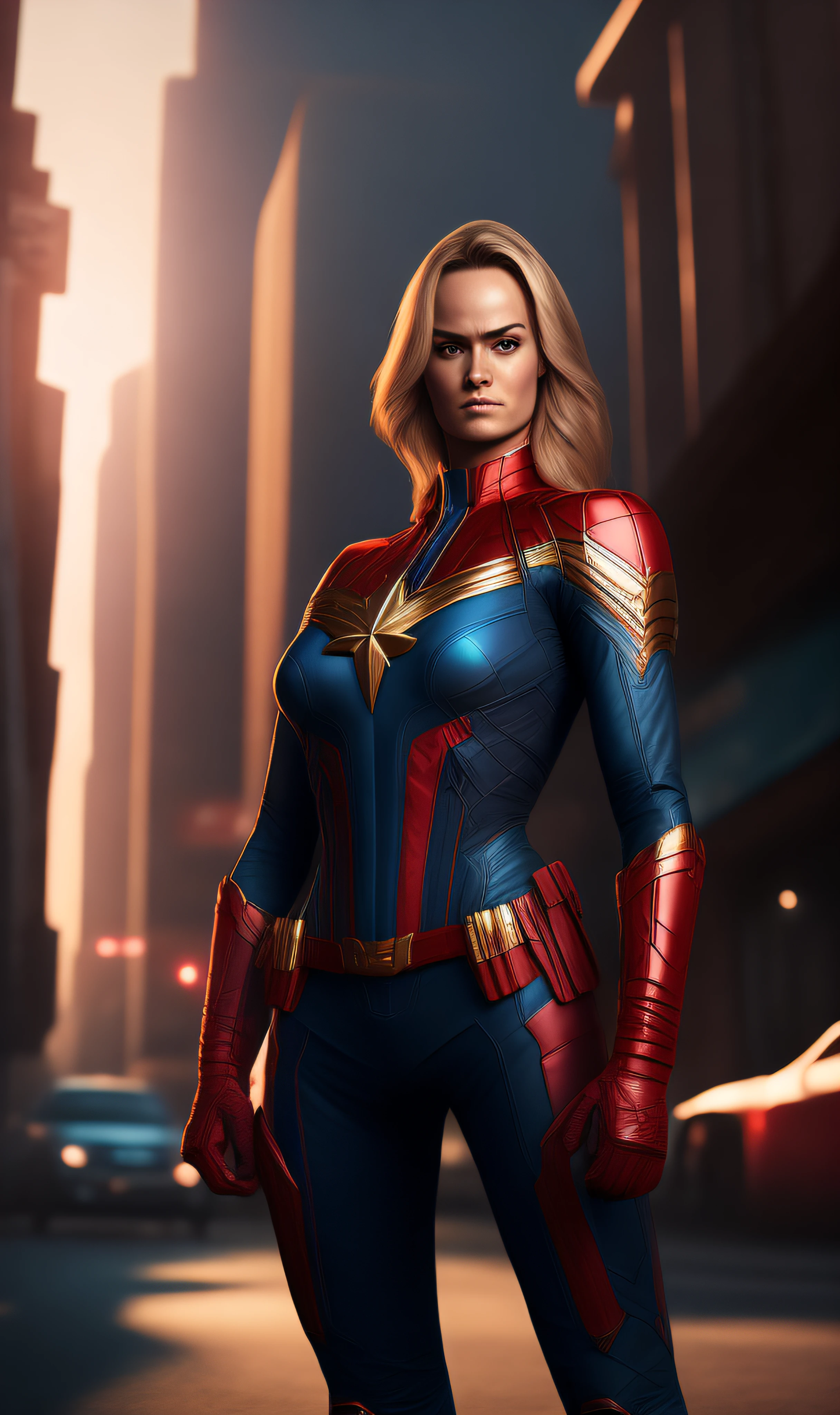 Photo of Captain Marvel standing outside the city 17， Sateen， RTX， octanerender， unreality，femele