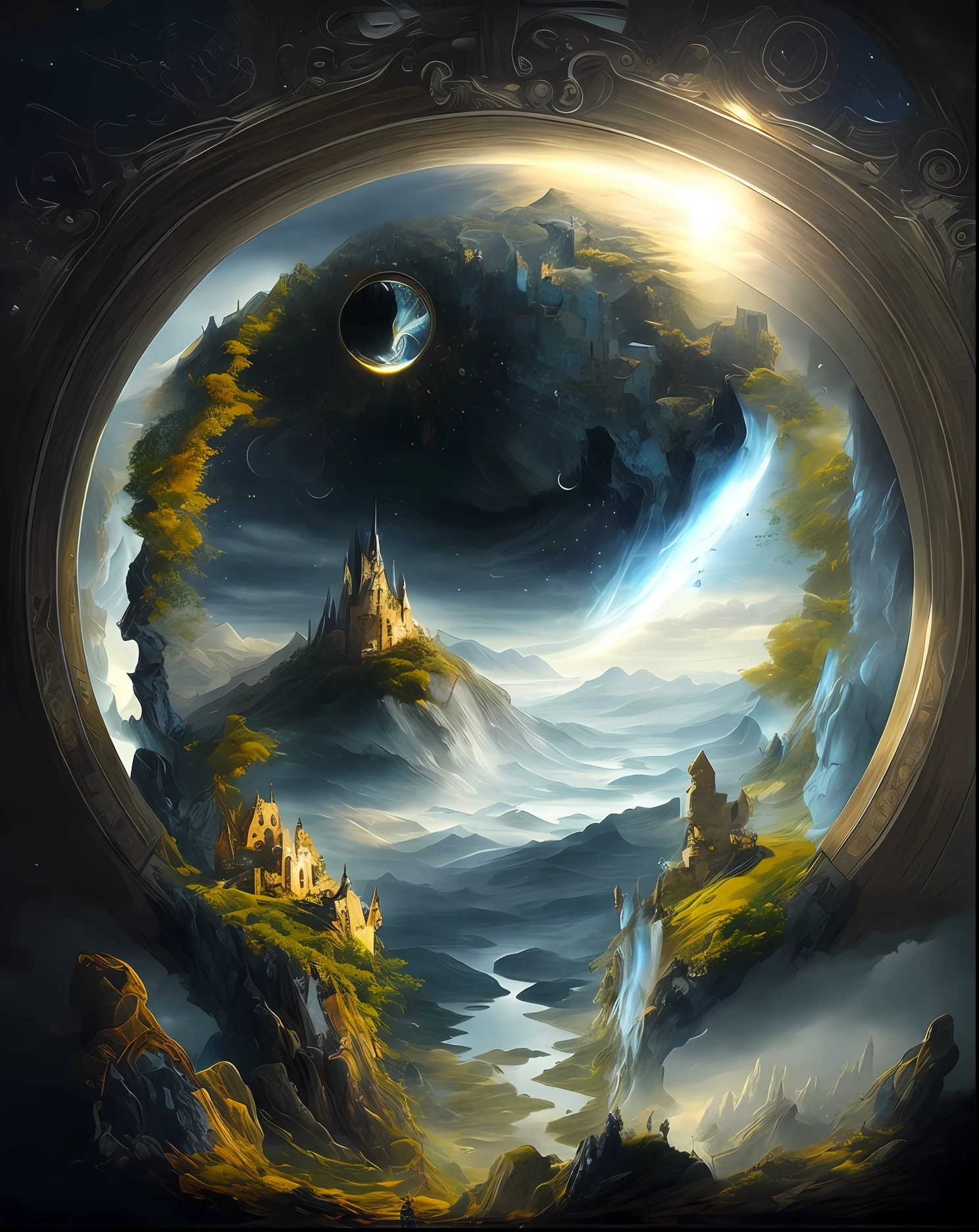 [Immortal Mountain Pavilion|It's like a dream|Fascinating dreams|Fantasy style]A painting of a castle in the middle of a mountain，A world that can only be seen through a portal，detailed dreamscape，portal to another world，detailed fantasy digital art，impressive fantasy landscape，The fantasy is highly detailed，Art fantastique grand angle，highly detailed fantasy art，gateway to another universe，painting of a dreamscape，Dream portal，Magic portal in the sky,Intricate details,[Stunning paintings in 8K|超高分辨率|Immaculate],[A masterpiece|tmasterpiece|best qualtiy]