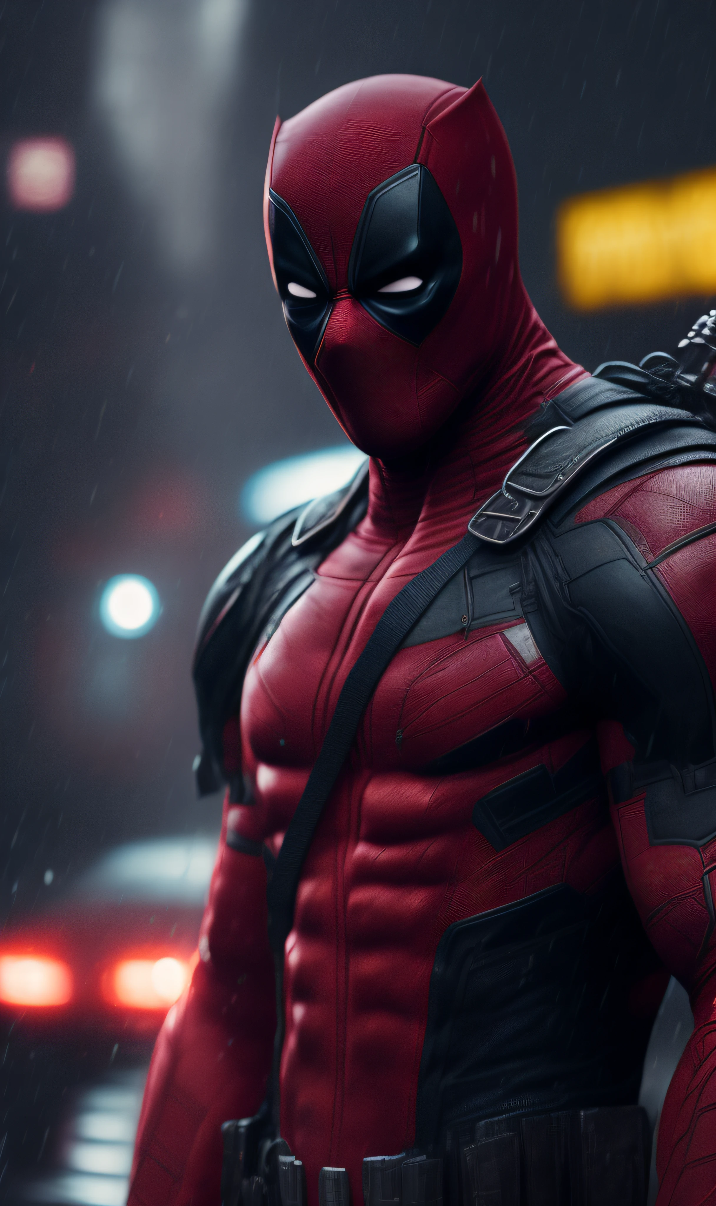 photo of Deadpool from Marvel standing outside the city 17, rainy, rtx, octane, unreal