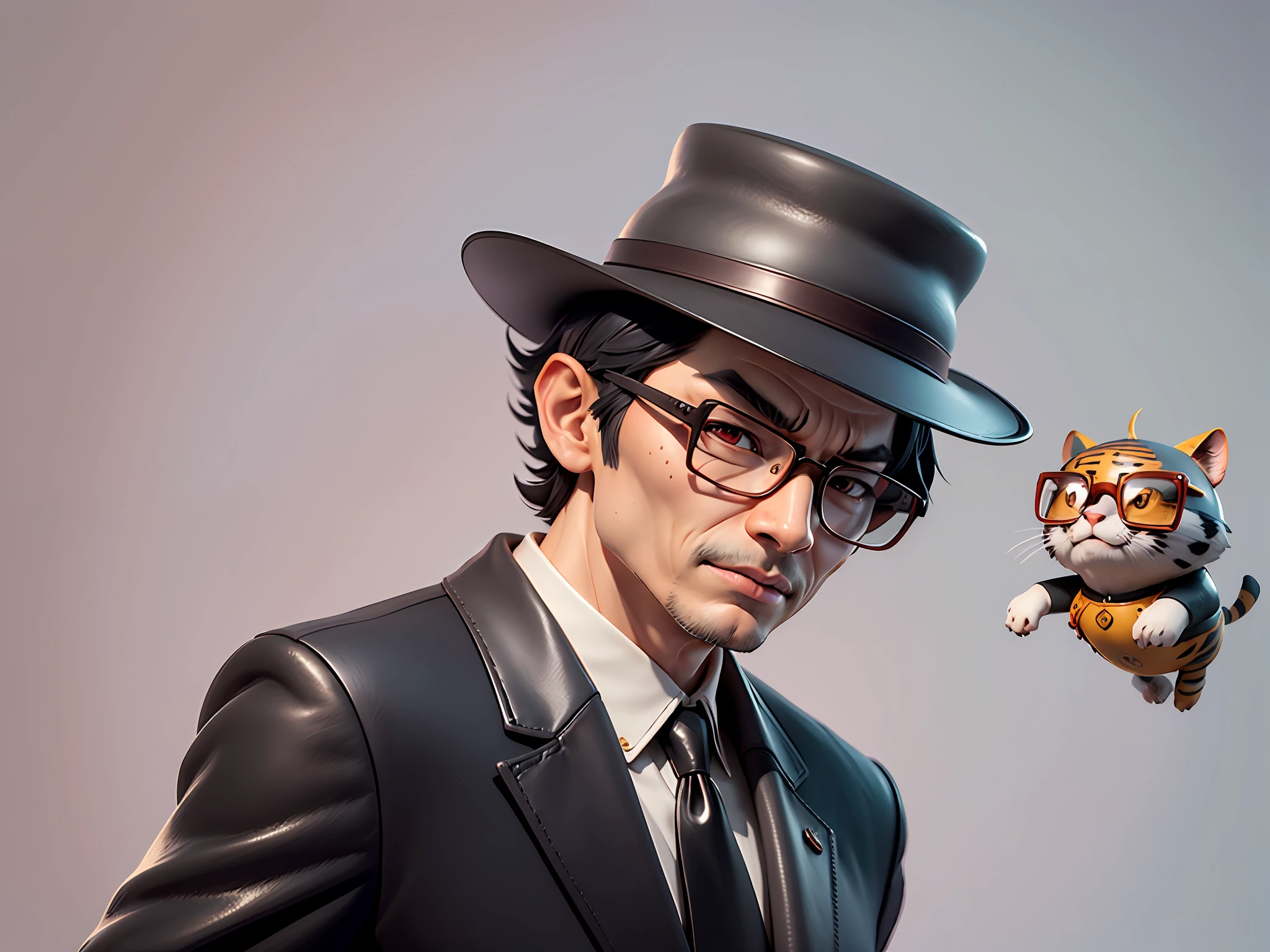 Young man with oriental face in leather hat, tiger, oriental face in formal suit, short black hair, silver glasses, digital painting, 3D character design by Mark Clairedon and Pixar and Hayao Miyazaki and Akira Toriyama, the illustration is a high-definition illustration in 4K resolution with very detailed facial features and cartoon-style visuals.
