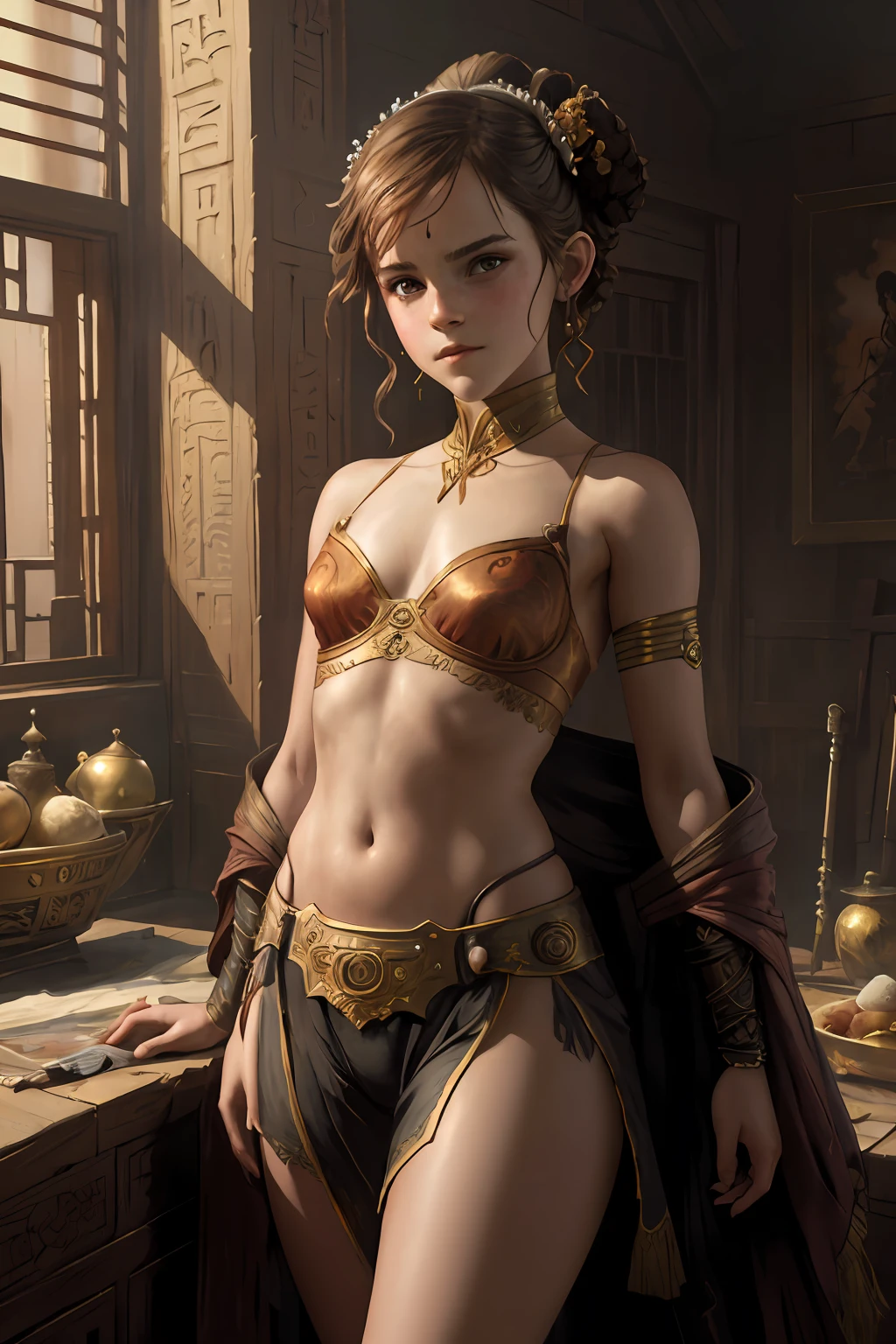  emma watson, concubine with slim waist and thick thighs painting by gaston bussiere, young girl, flat chest, greg rutkowski, yoji shinkawa, yoshitaka amano, tsutomu nihei, donato giancola, tim hildebrandt, oil on canvas, trending on artstation, featured on pixiv, cinematic composition, extreme detail, metahuman creator