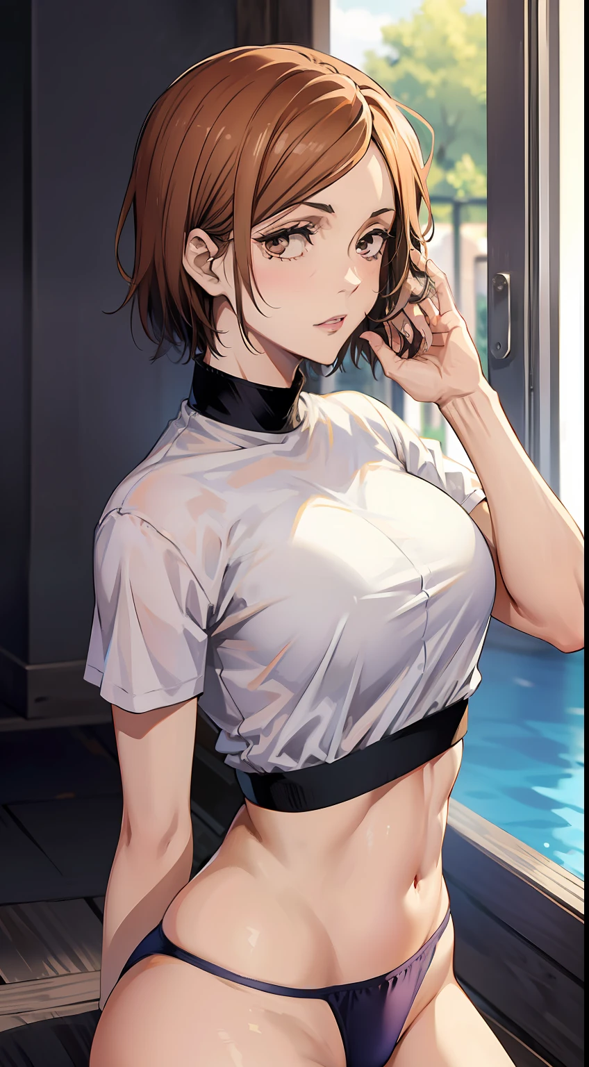 Nagisaki Nobara, ropa de ejercicio, sexy, muslos grandes, cara seductora