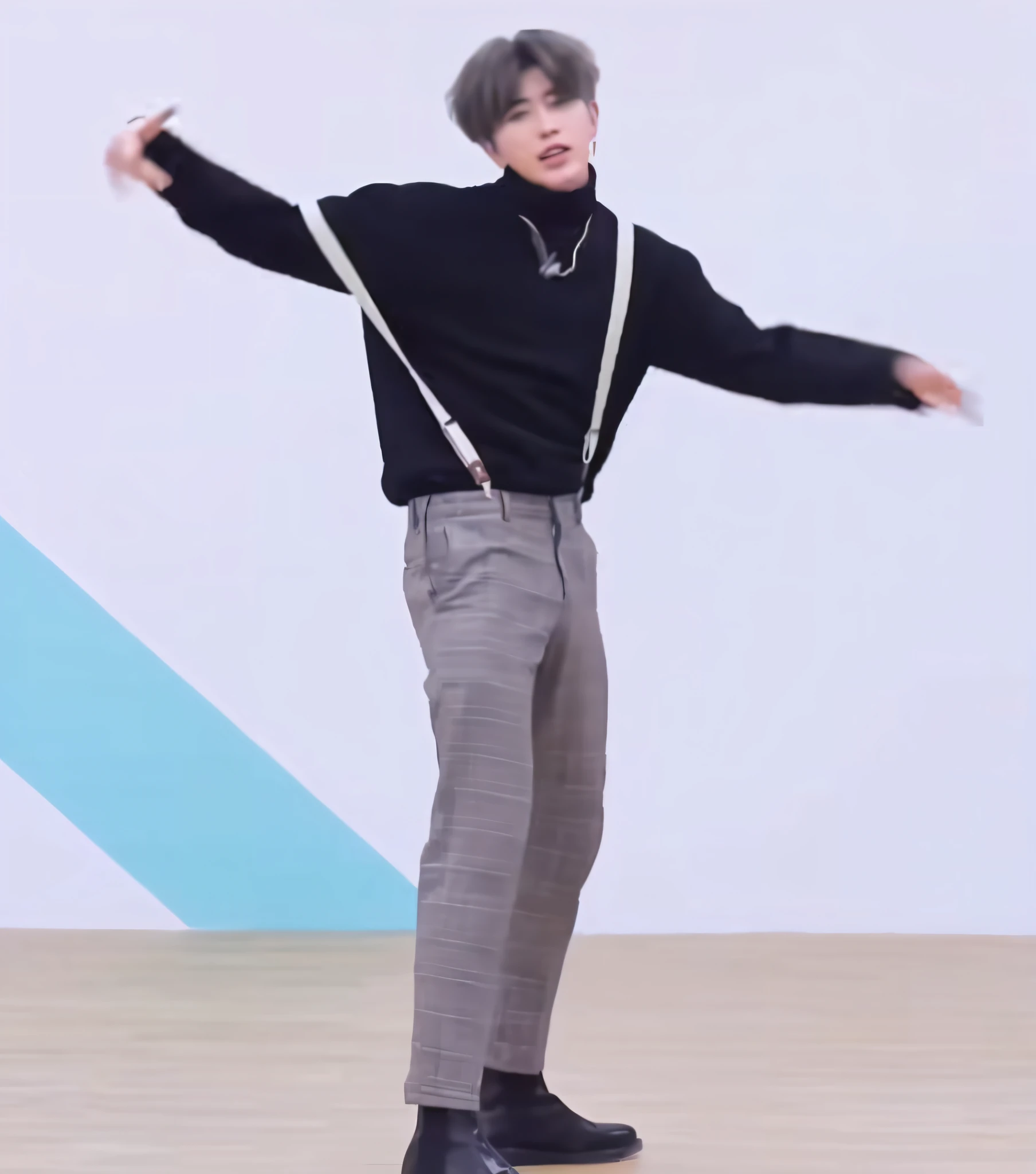 high high quality,Close-up of a man in a black shirt and suspenders, he is dancing, jimin, look like someone is dancing, distorted pose, Cai Xukun, full body dynamic pose, serpentine pose gesture, park jimin, Perfect dynamic pose, dressed with long fluent clothes, wingspan style, smooth in _ Background with, he is floundering