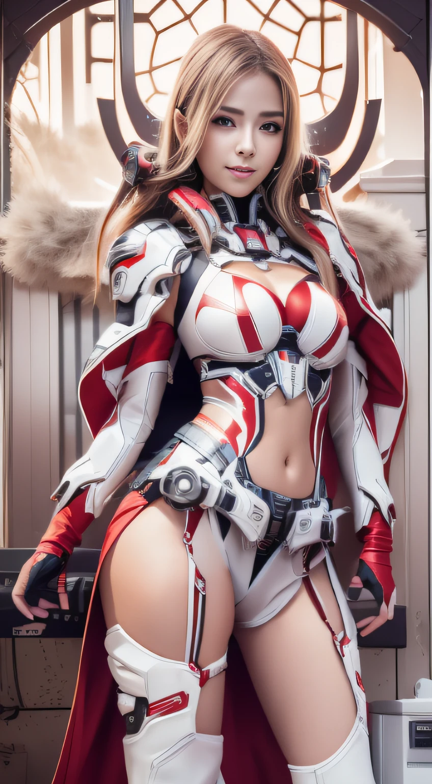 Highest image quality，Outstanding details，超高分辨率，（Fidelity：1.4）, Favor the details，closeup cleavage，dawn，Snow，winter，Demon hunter, Wizard Sword，He has a delicate and beautiful face，（（Red and white semi-mechanical body：1.8）），Raised sexy，frontage，cyber punk perssonage，Futuristic，mechanically aesthetic，Virtual Engine 5，Perfect detail rendering，rendering by octane，hyper HD