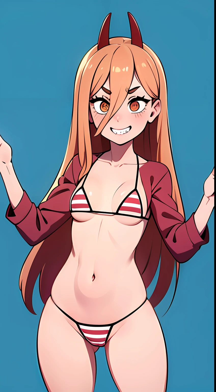 Woman, 1girl, cabelo loiro, cabelo longo, power \(Csm\), olhos amarelos, dentes afiados, symbol-shaped pupils, pupilas em forma de cruz, evil grin, imagem espetacular, rosto corado, cena de corpo inteiro, striped string bikini, small breast, chifres, chifres vermelhos, (Antecedentes detalhados: Jardim, Noturno, fora), standing pose, Corpo molhado, pele brilhante, rosto detalhado, olhos detalhados, anatomia perfeita, bichana a mostra, virilha inchada, cowboy shot, dynamic pose, Illustration of perfection, Dynamic, altamente detalhado, de frente para o espectador, seductiveexpression, POV de cima
