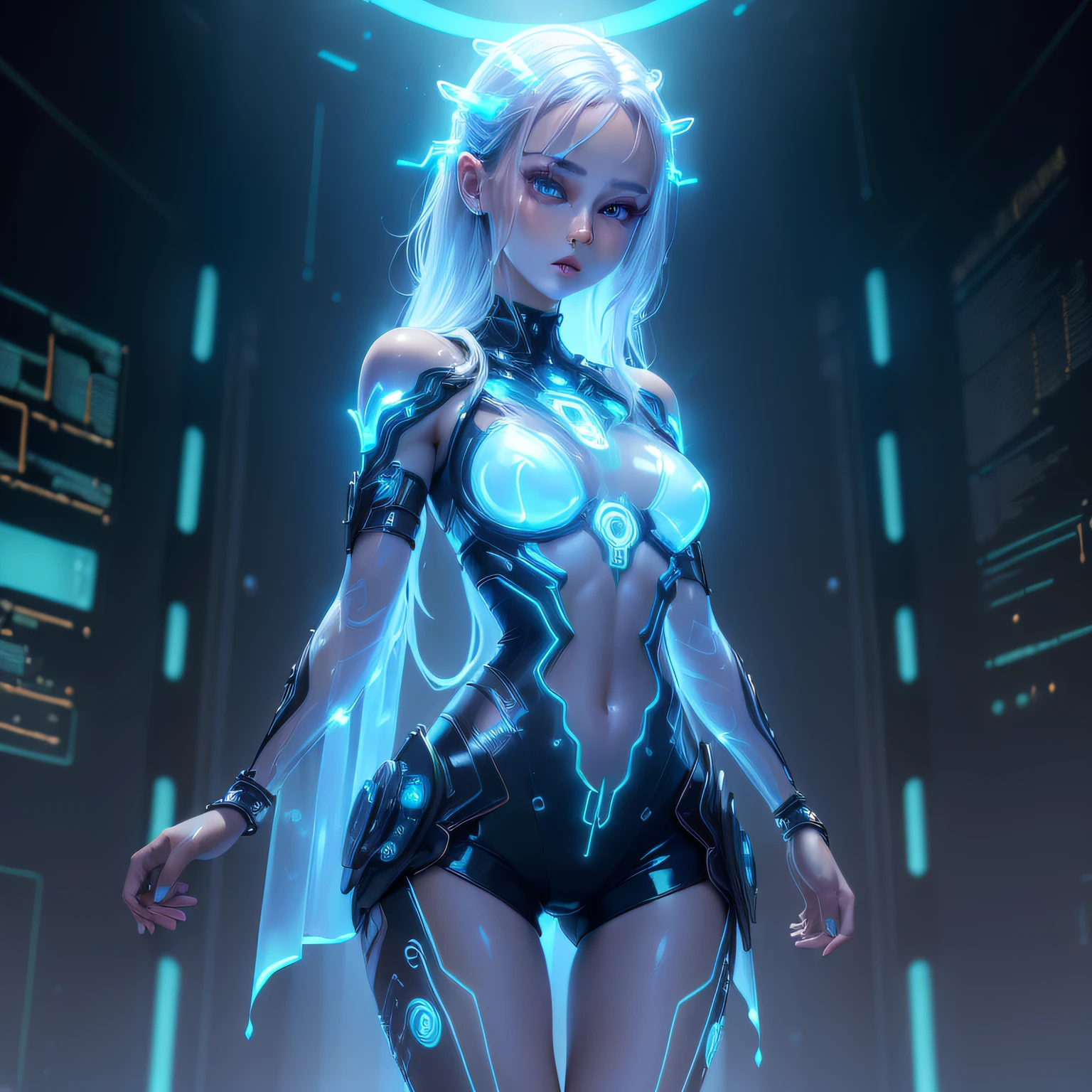 ((masterpiece, best quality):1.3) a girl, (translucent skin:1.4), tron circuit, wearing ((high-tech metal alloys intricate to the body)), (micro shorts and bustier made in biotechnology with tron circuits intricate), (extremely detailed image with rich colors)