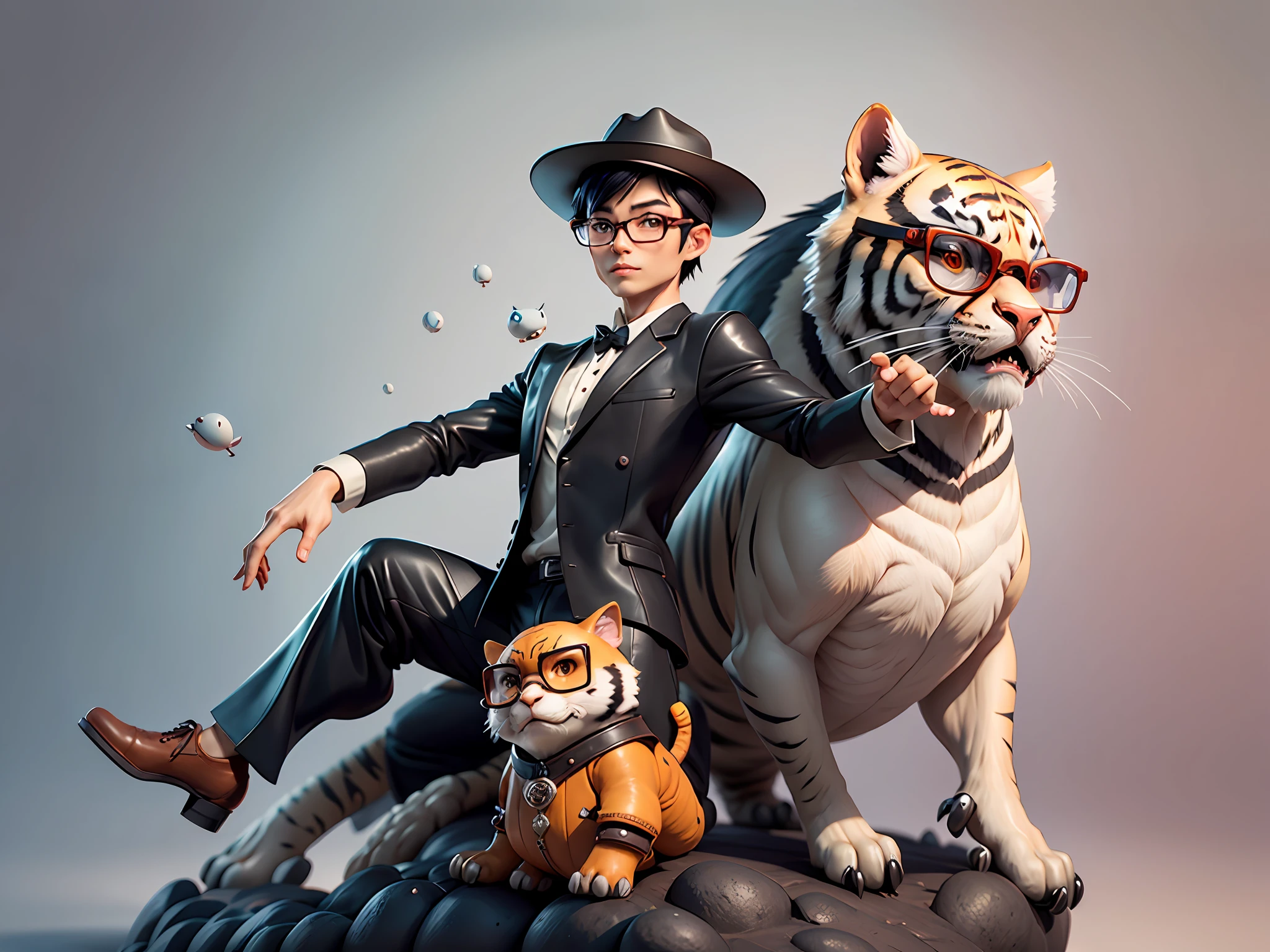 Young man with oriental face in leather hat, tiger, oriental face in formal suit, short black hair, silver glasses, digital painting, 3D character design by Mark Clairedon and Pixar and Hayao Miyazaki and Akira Toriyama, the illustration is a high-definition illustration in 4K resolution with very detailed facial features and cartoon-style visuals.