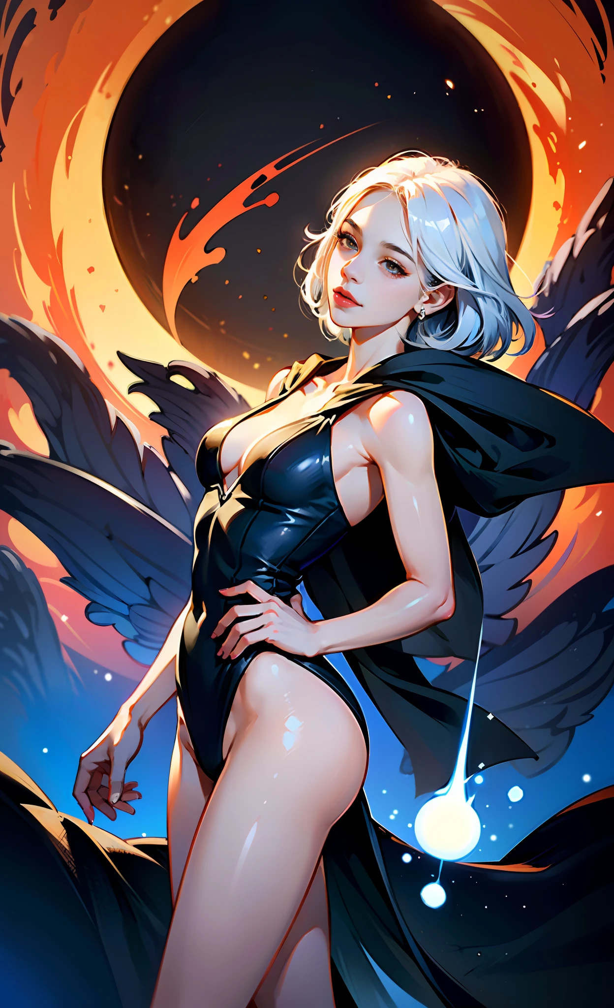 (absurdes, ah high, ultradetailed), ((A girl)), a 1girl, androgynous vampire, High Stability, ((white colored hair)), pubic tattoo, ((чрезвычайно детализированные обои CG unity 8k, intricate detials, (style-swirlmagic: 0.8), portraite of a, looking a viewer, 独奏, (full length: 0.6), dynamicpose, Detailed background, Madness in the eyes, floating in the air, A Necromancer, evil to the core, Red clouds, casting spell, Fireball, Dark hooded mantle, The Dark Circle, Underworld, Warhammer theme, bringer of false light, Dark clouds, floating chunks of dirt, decadence, Outgoing evil energy, dark aura, Broken shackles)), (cowboy shot) junji ito 4 k, with long gray hair, ito junji art, style of junji ito, portrait of sadako of the ring, Gentle androgynous princess , Beautiful androgynous princess, The gaze is directed downwards, nice feet, detailing, Burst breasts, extra high resolution, 8K, (Lovely Medium Breasts), perfect anatomy, (shapely body), Beautiful slender legs, Extremely detailed eyes and face, beautiful detail eyes, extremely detailed body, bare shoulders.