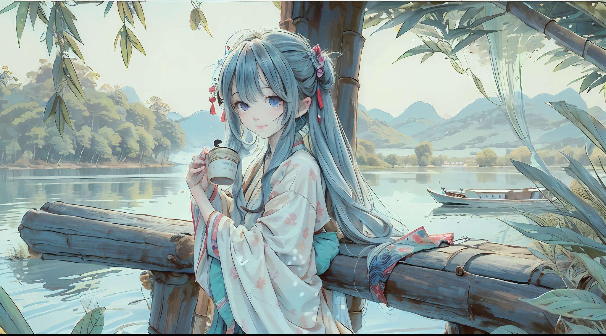 Masterpiece, Best Quality, Official Art, 8k Wallpaper, Very Detailed, Illustration, 1 Girl, Sky Blue Hair, Long Hair, Detailed Eyes, Forrest Gump, Bare Shoulders, Hanfu, Lake, Pure, Soft Smile, bamboo, tea