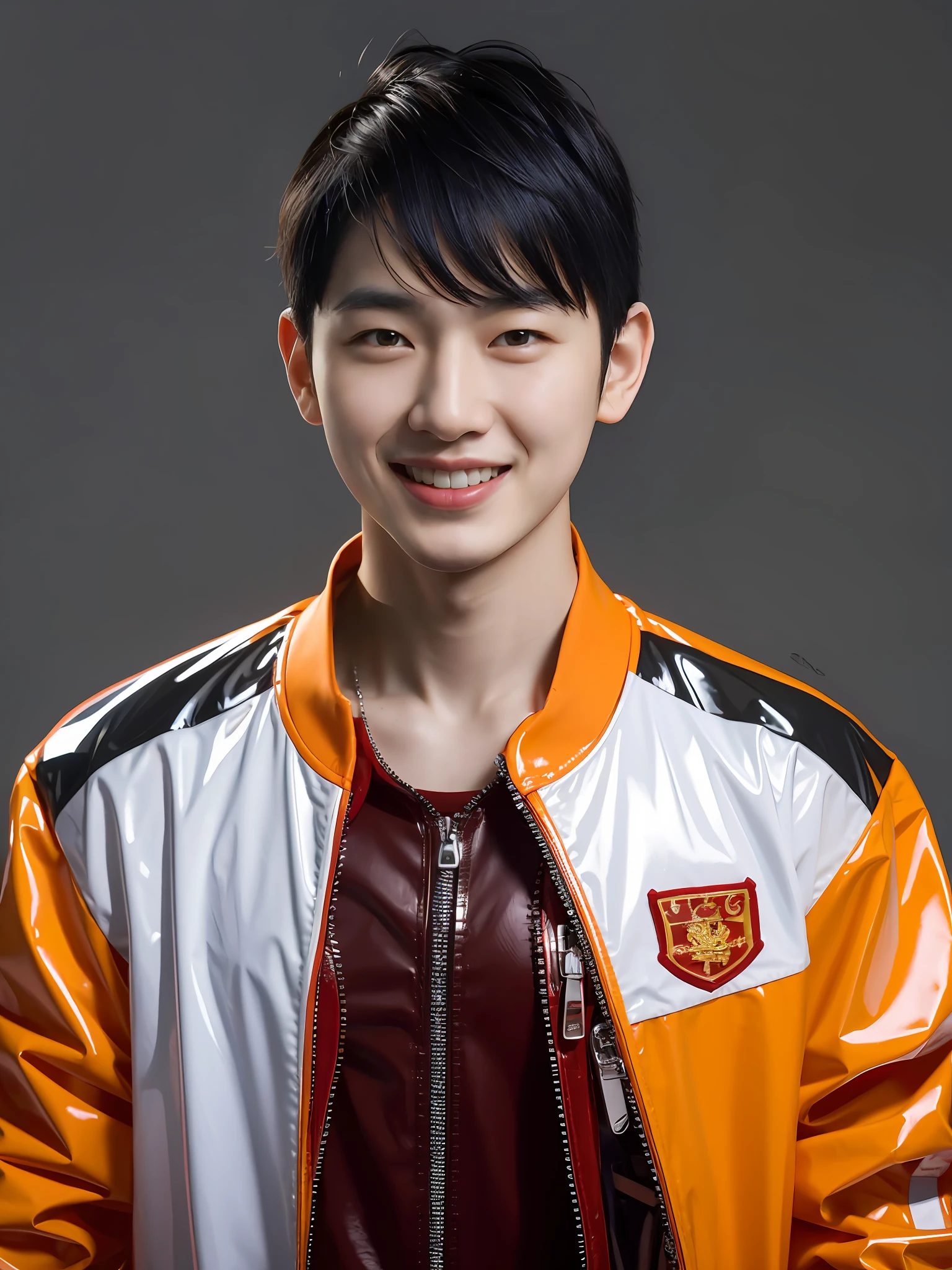 Chinese male high school student,Wearing a PVC red T-shirt,There are zippers