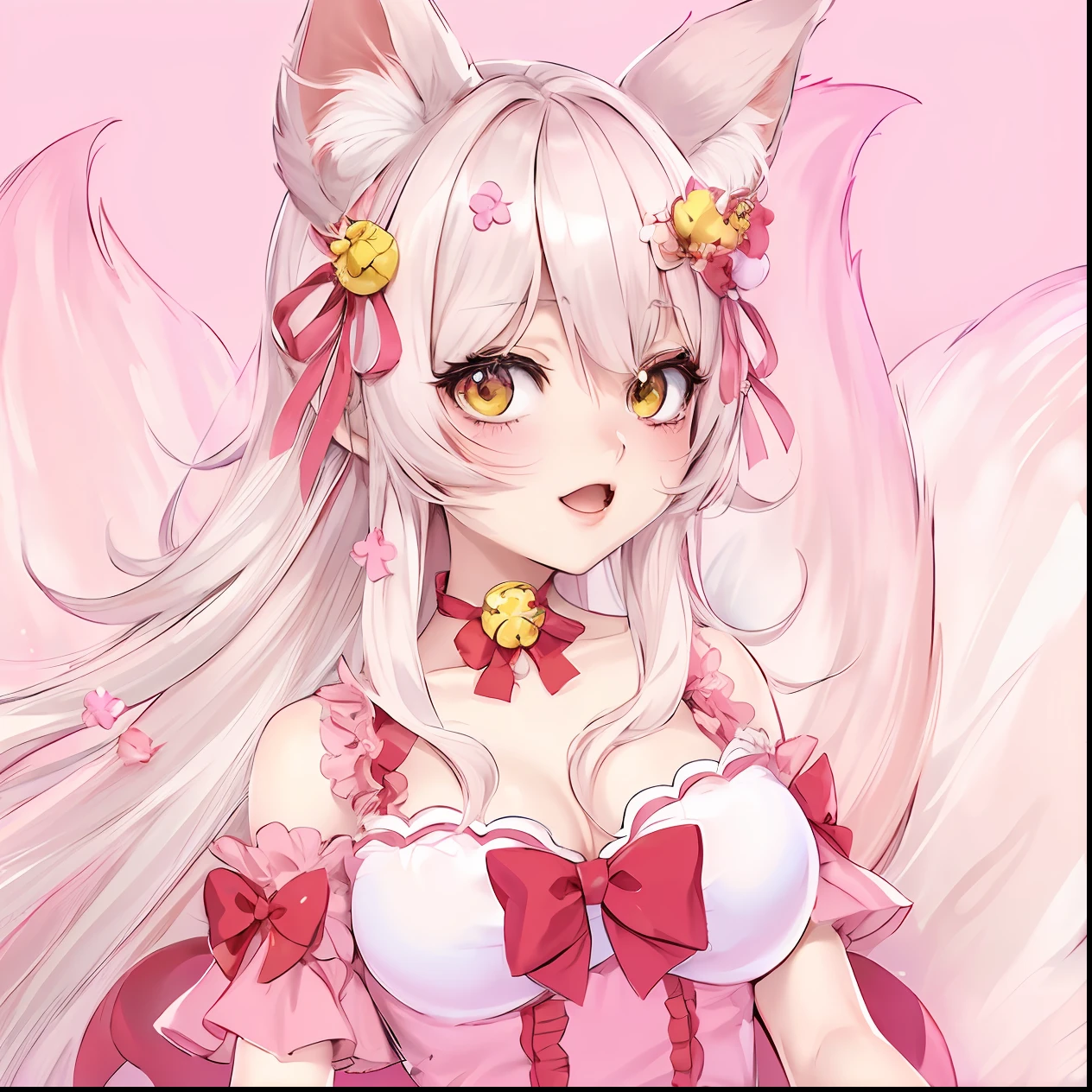Chica anime con cabello largo blanco y vestido rosa con lazos, Muy hermosa chica gato anime, Lindo anime waifu en un bonito vestido, Hermosa catgirl de anime, linda catgirl de anime, Chica anime con orejas de gato, Retrato de Ahri, Ahri, splash art anime loli, Ahri de League of Legends, Soft anime illustration, Anime Catgirl