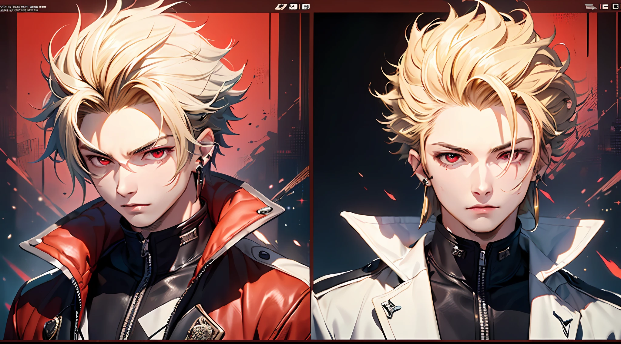 (top-quality:1.4、8K Super Detail CG Wallpapers)、(Cool young man、Blonde spiked hair with red eyes:1.2)、Suits、piercings、cowboy shot、Dark background