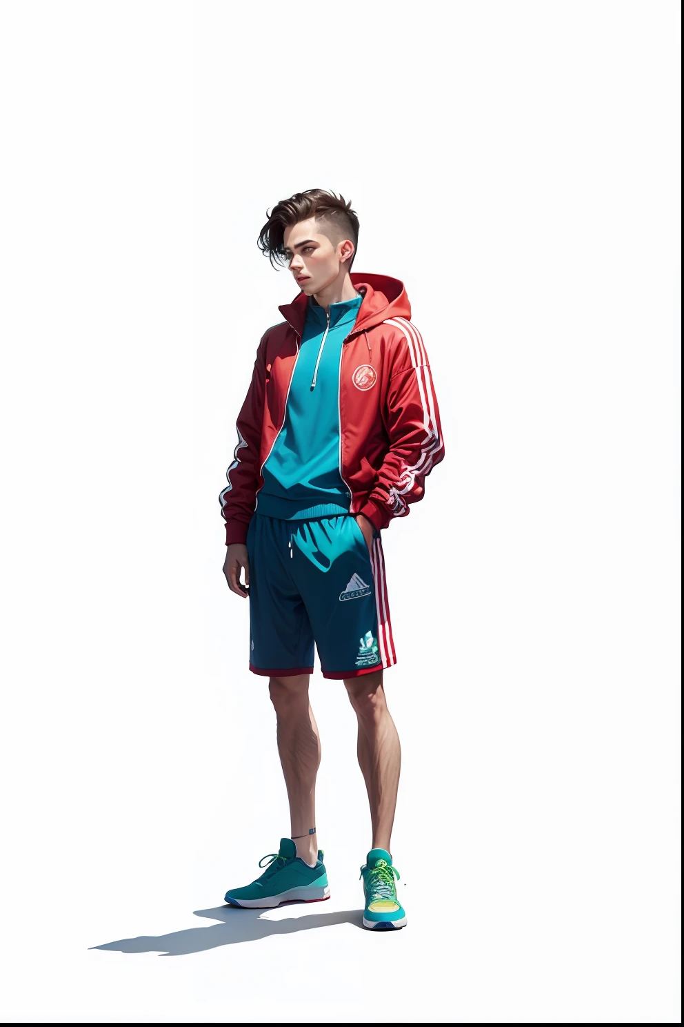 Blue sneakers,red track suit