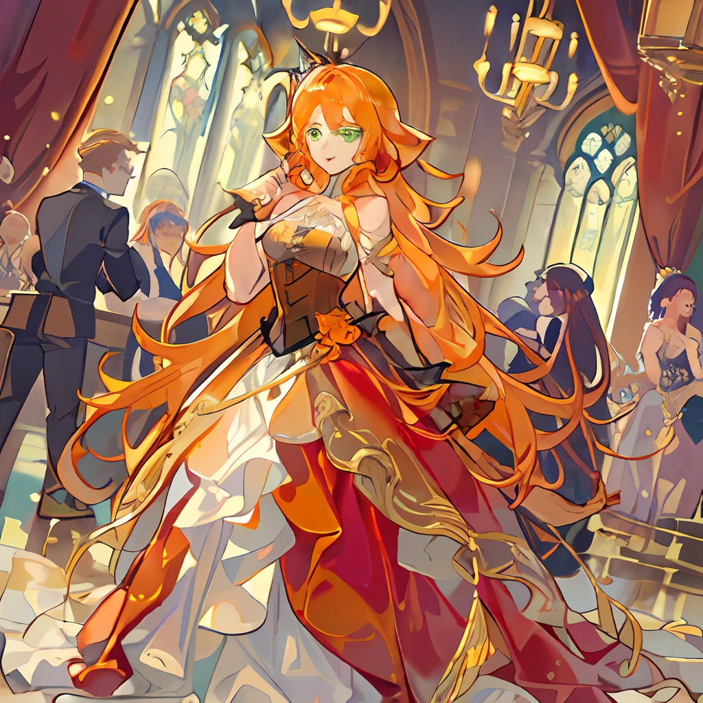 best quality, masterpiece, solo, (( Tall ,Feminine))anime Male in red Dress with crown,( Red corset, Skirt trail), wearing an ornate outfit, anime princess, in a fancy elaborate dress, ((Long Orange Hair:1.4)), ((hair styled in Ringlets:1.3)),((Green eyes)),((Wide Hips)) , ((Thick Thighs )), Background(Ballroom))